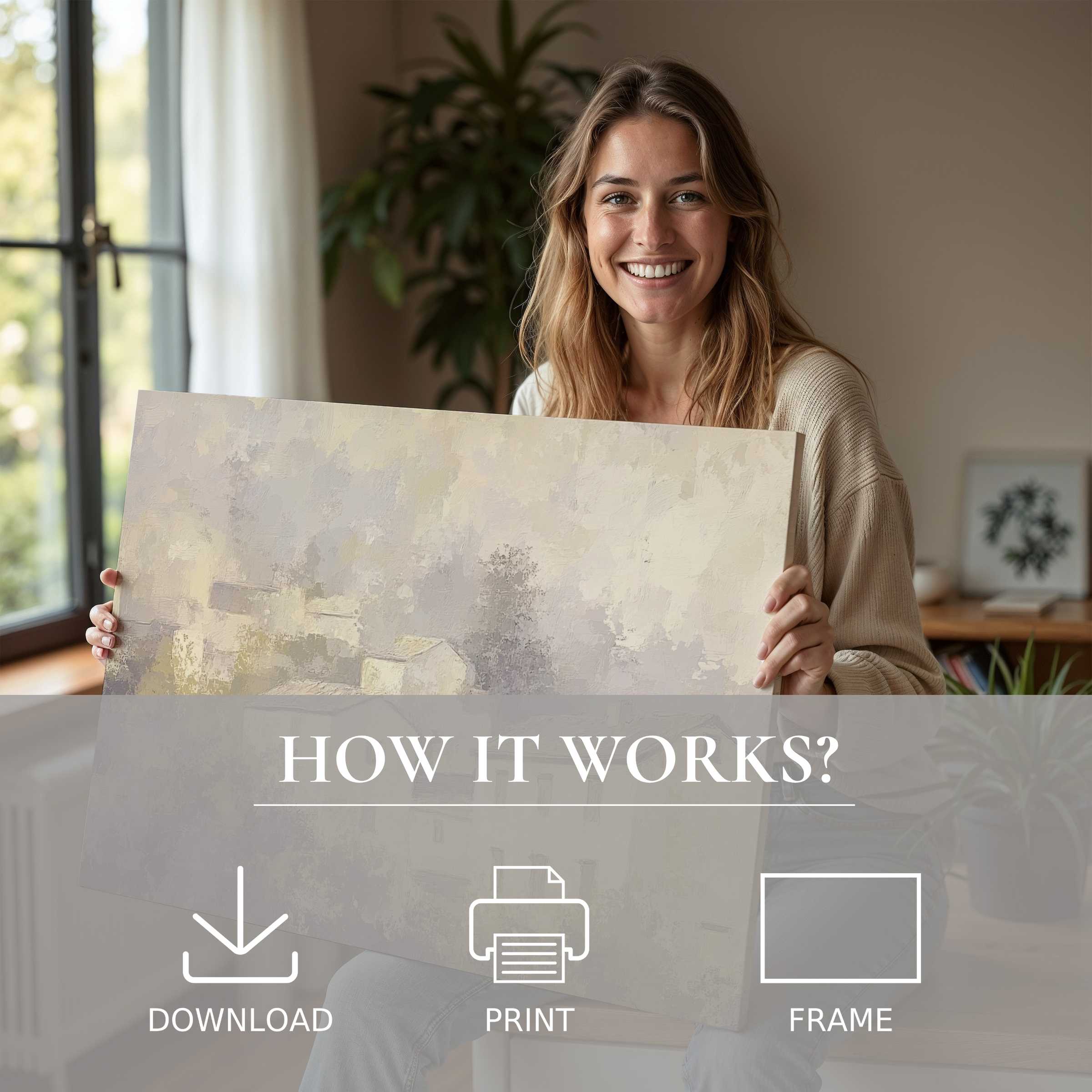A radiant moment of joy as a woman embraces a vintage digital art print, enriching her modern home with timeless elegance and effortless style