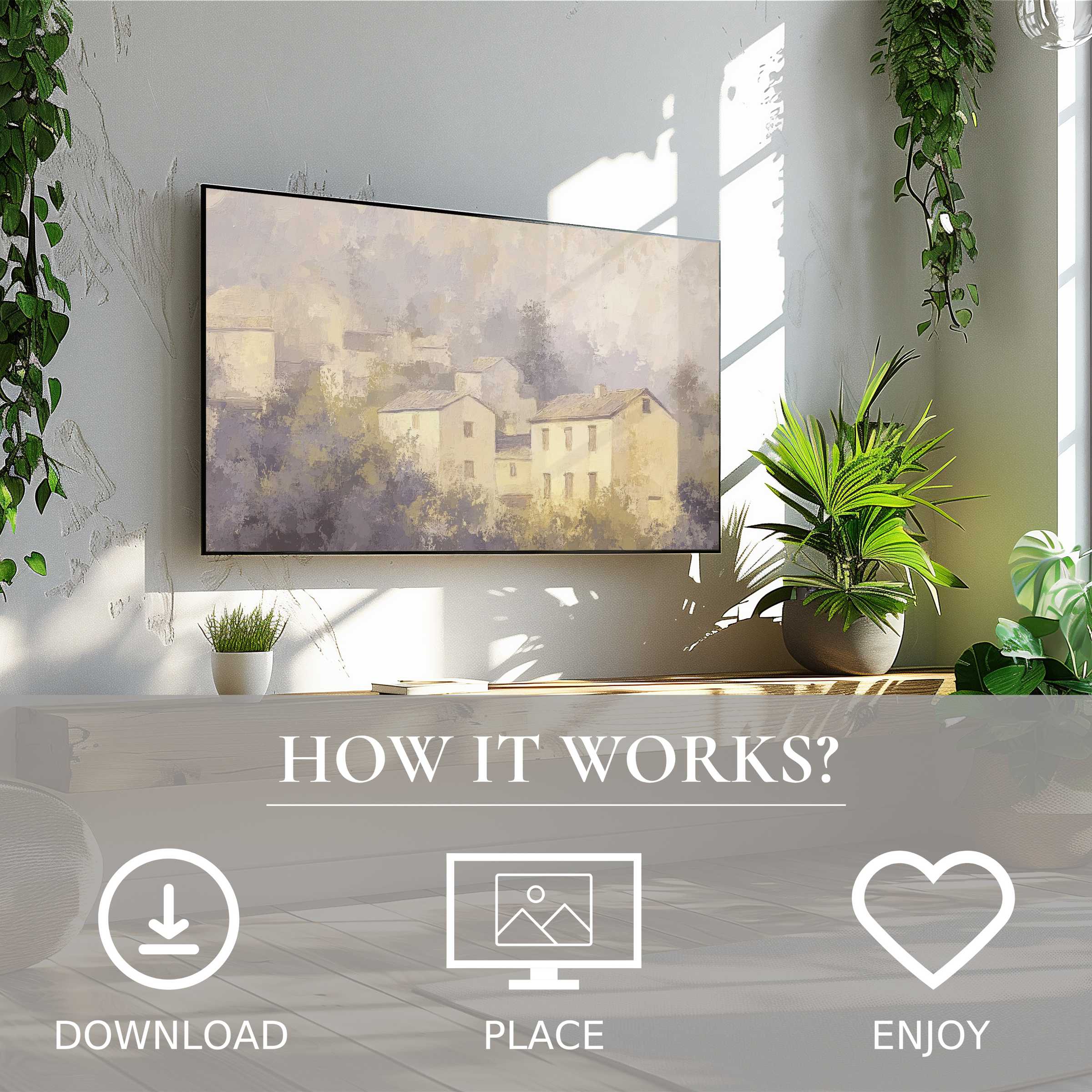 Vintage art for Samsung TV shows soft muted village tones, easily downloaded to enrich modern, green-filled living spaces
