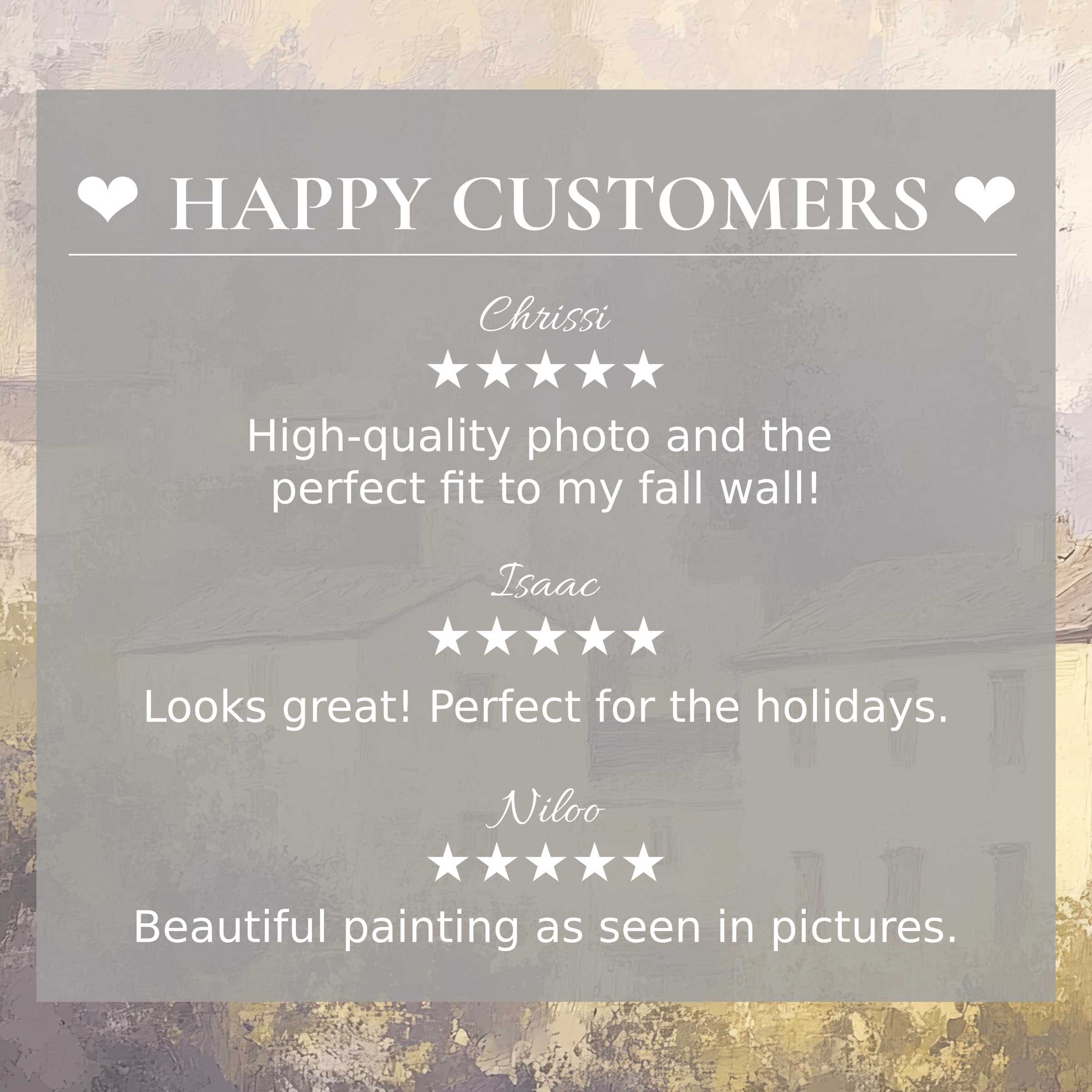 Positive reviews from happy customers highlight vintage art for Frame TV with elegant muted sunset background