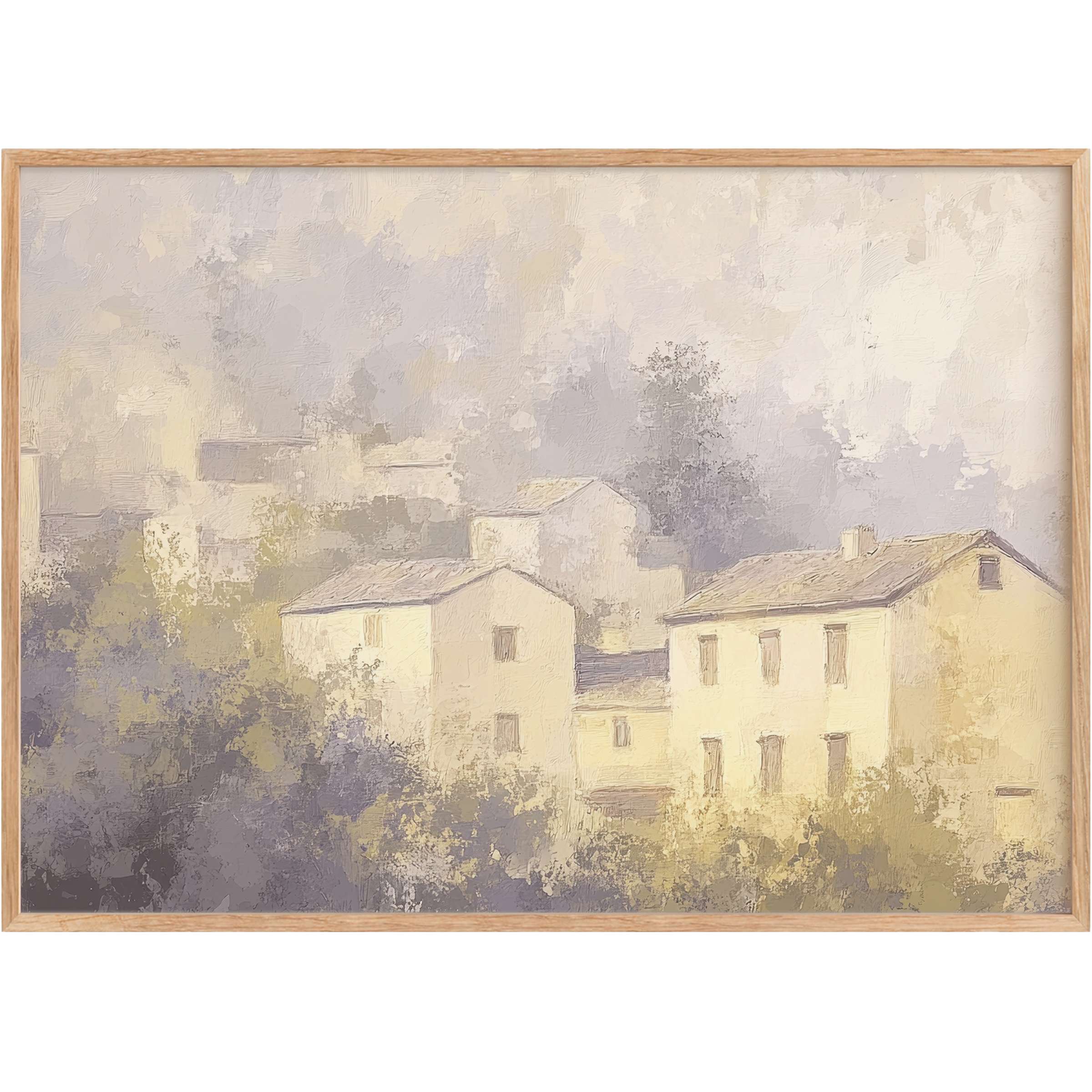 Vintage printable wall art capturing serene countryside homes in soft creams and muted lavenders, evoking a tranquil, nostalgic ambiance
