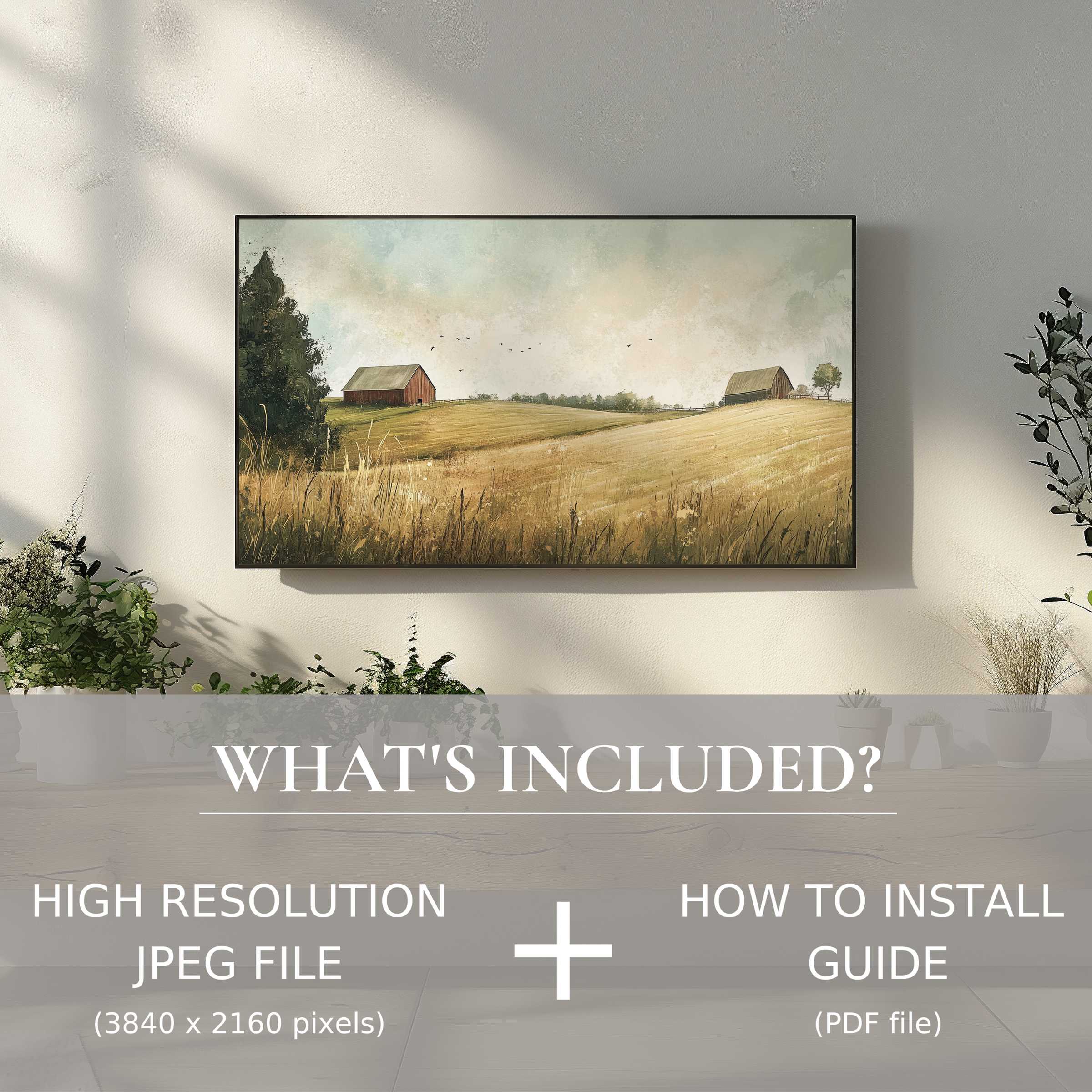 Elegant landscape digital TV art download enhances your space with easy use, featuring serene rural fields on a sleek screen