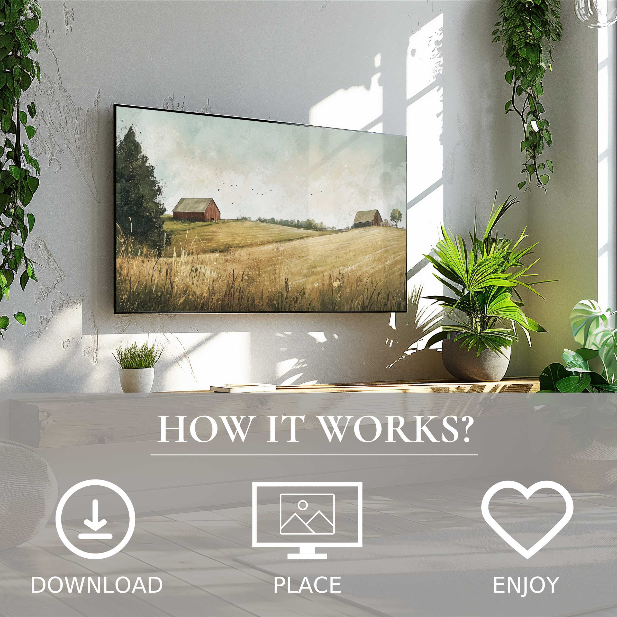 Modern living room with landscape art for Samsung TV; soft rural tones, easy digital download enriches spaces