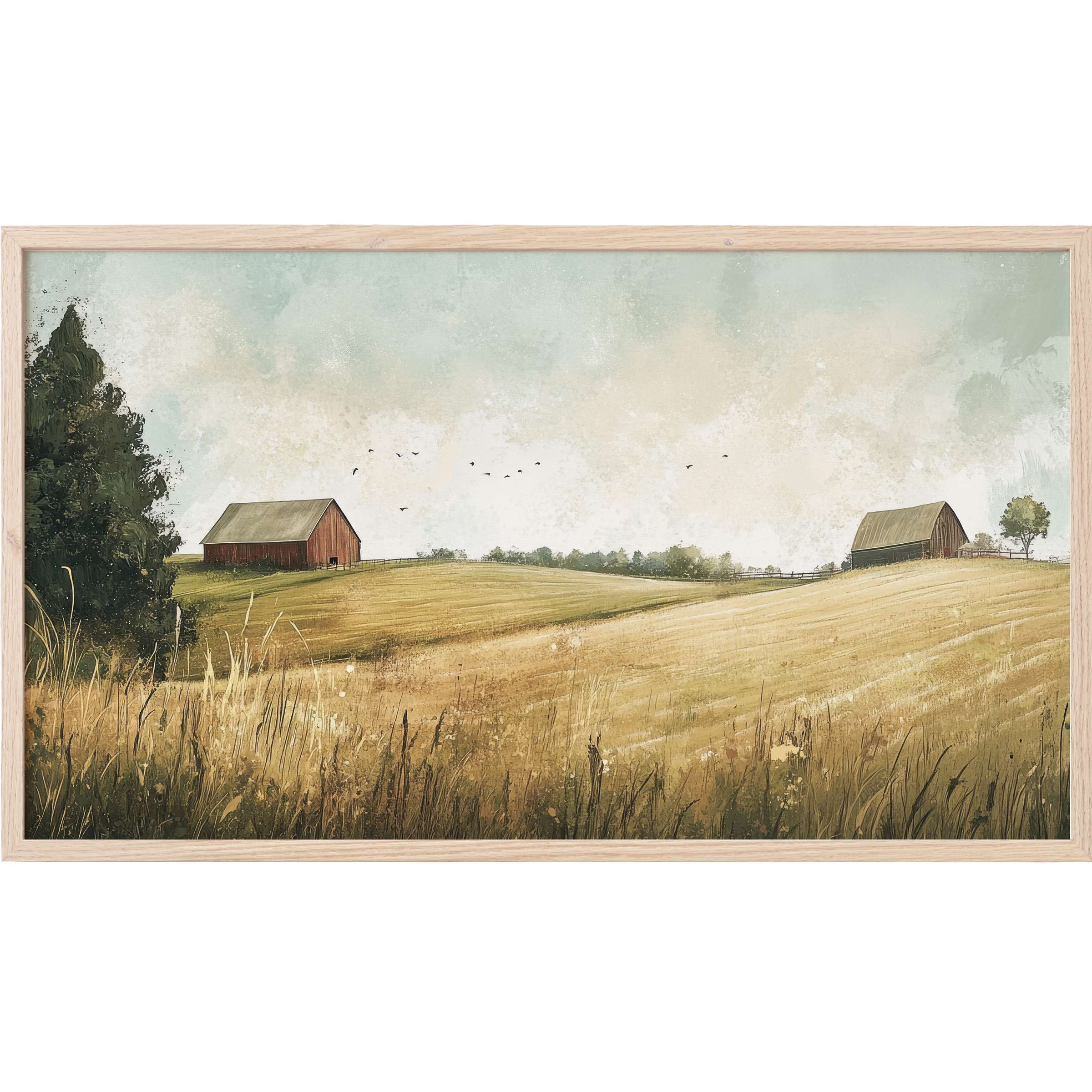 Serene rural scene with golden fields, soft sky, barn silhouettes, and natural tones for landscape Frame TV Art