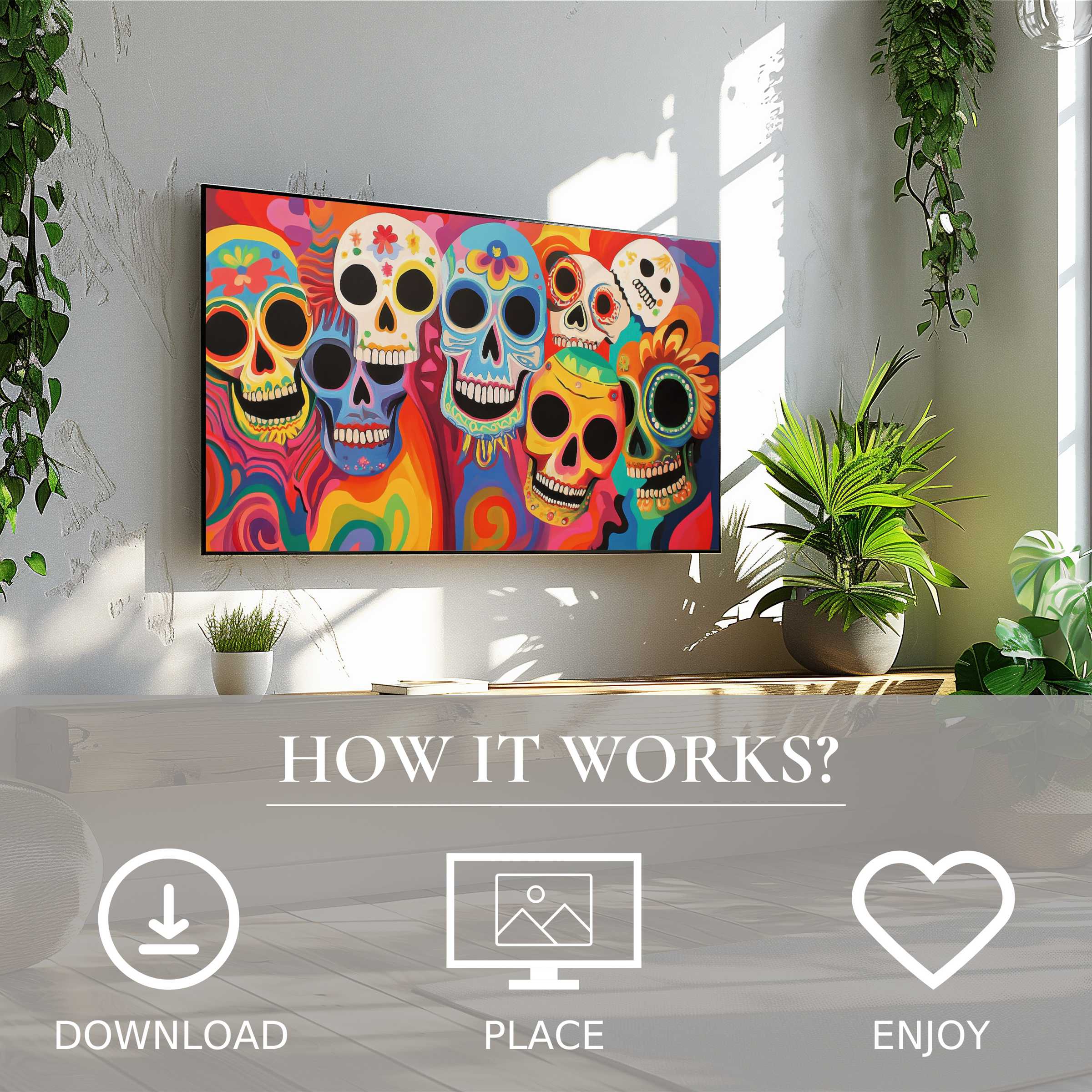 Pop art art for Samsung TV with vibrant skull motif brightens any space, easy digital download for stylish living rooms