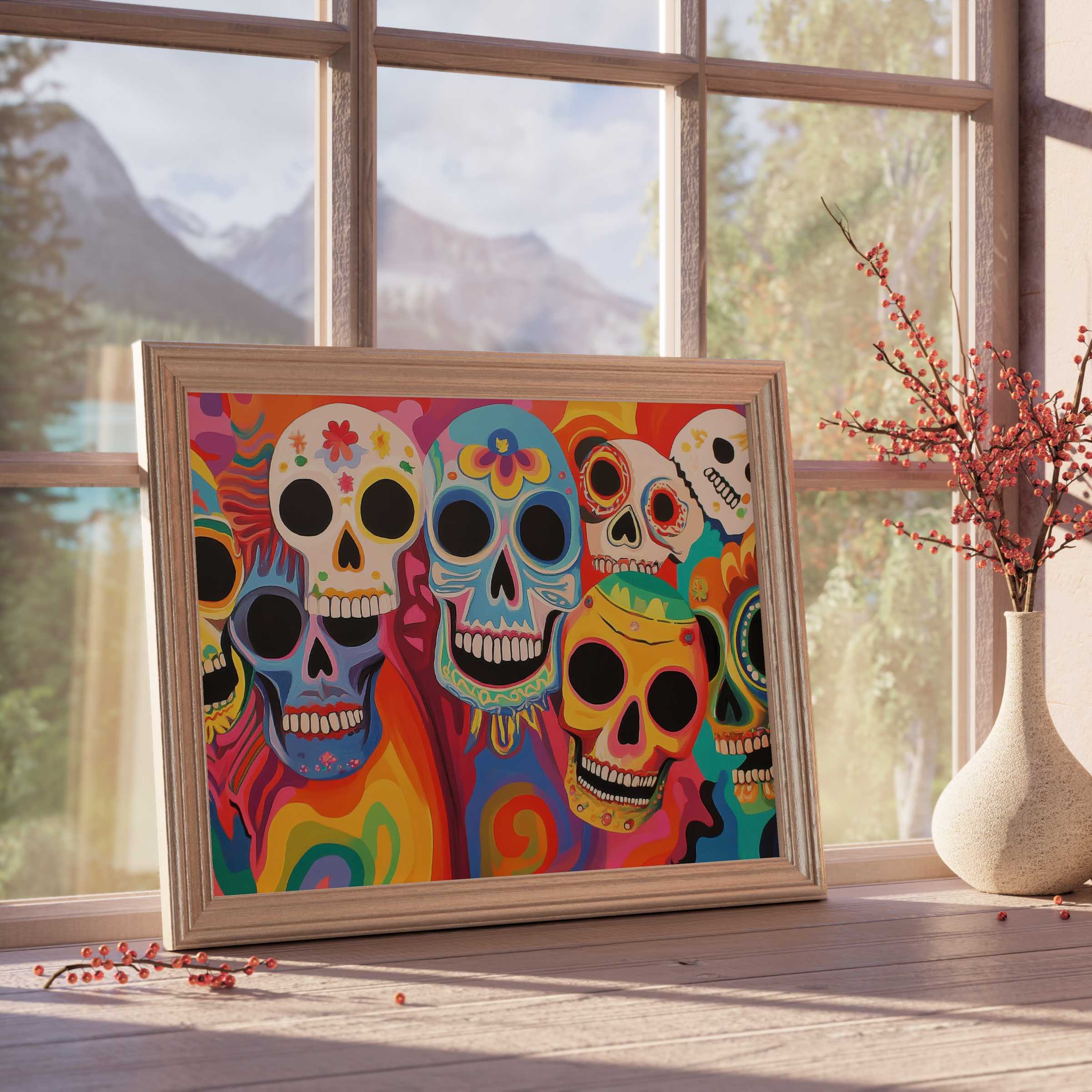 Vibrant pop art downloadable art featuring colorful sugar skulls, enriching curated, tranquil interiors with bold, joyful energy and modern flair