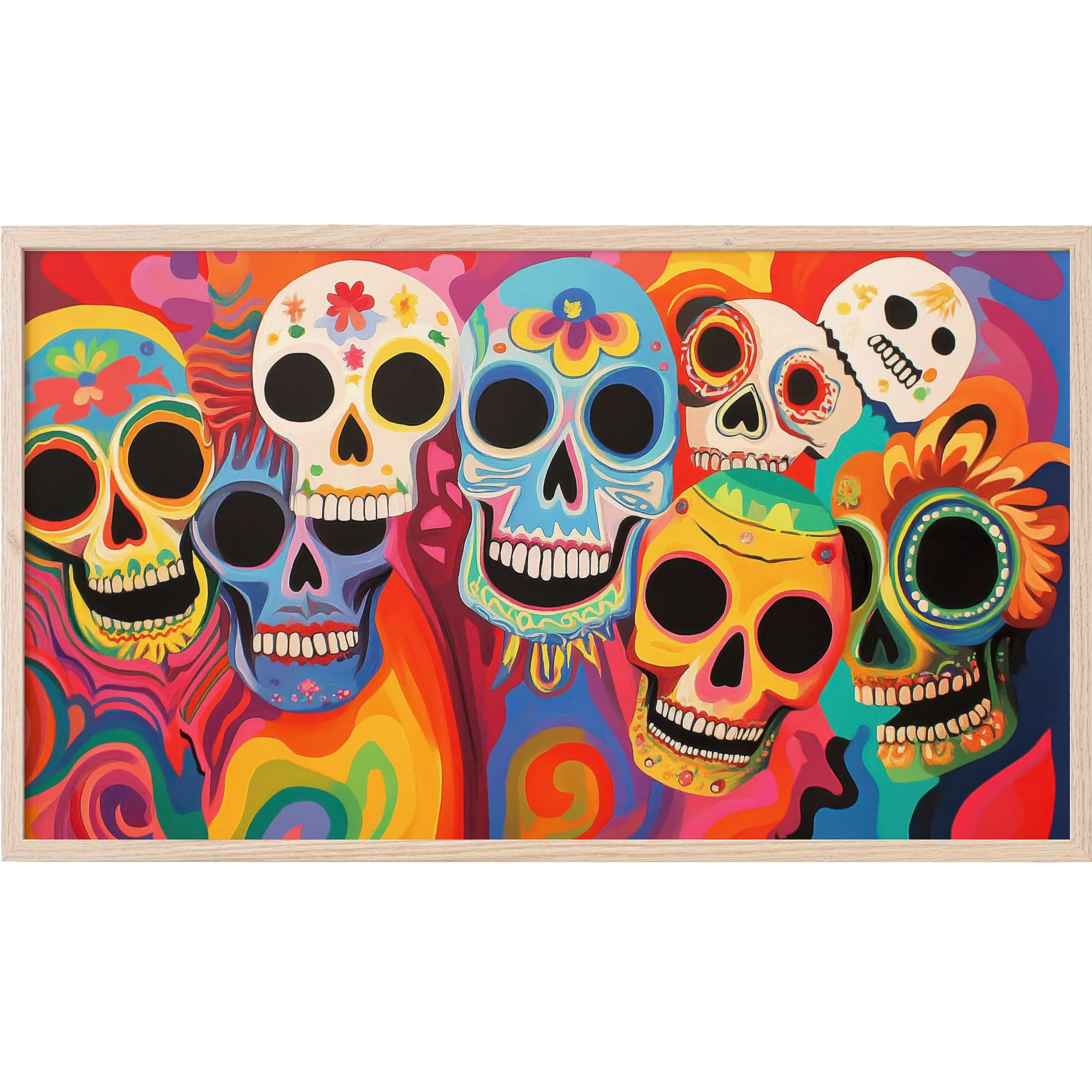 Vibrant skulls in swirling hues of red, blue, and yellow evoke bold, festive joy in this pop art Frame TV Art