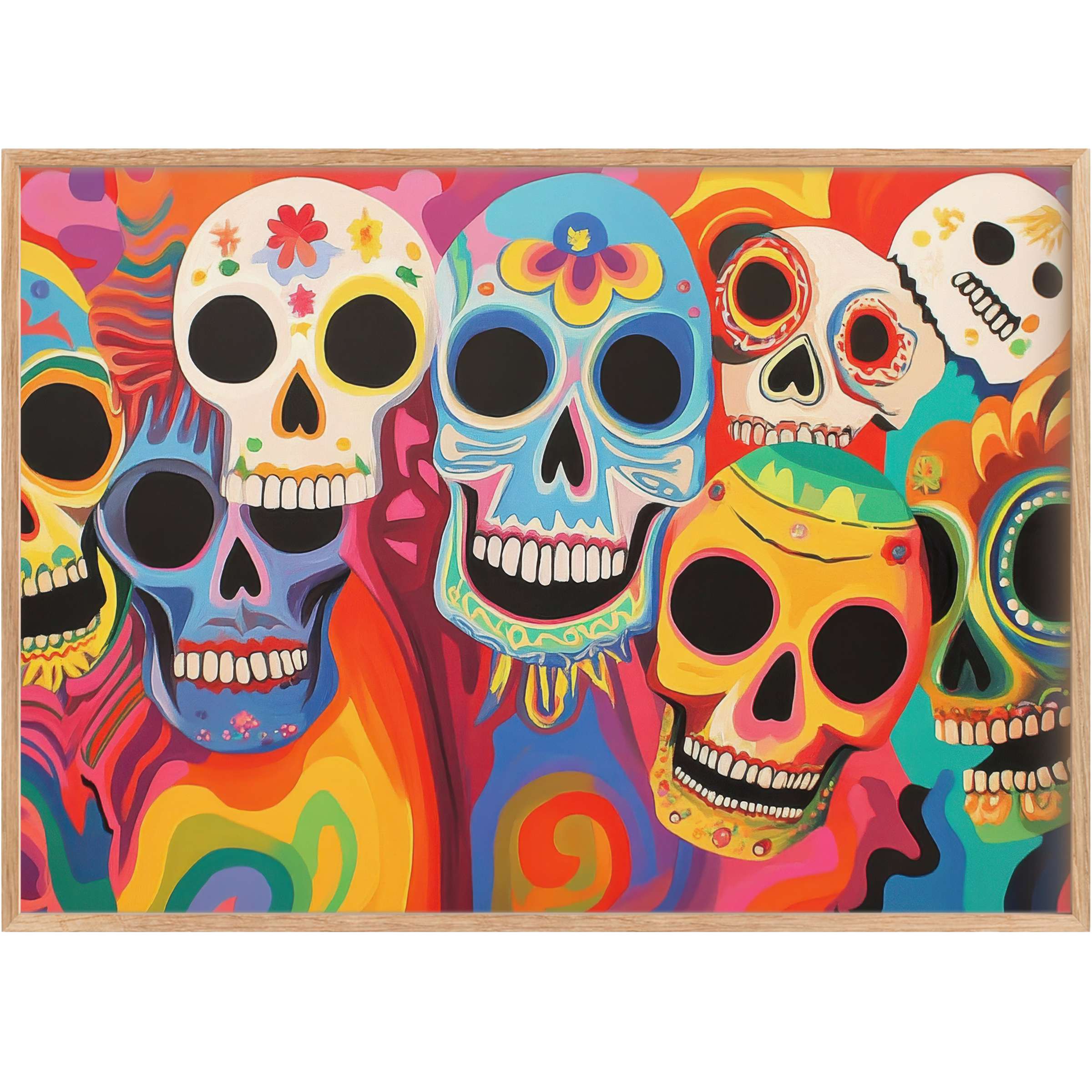 Vibrant pop art printable wall art featuring colorful Day of the Dead skulls, radiating bold energy with fiery reds and cool blues