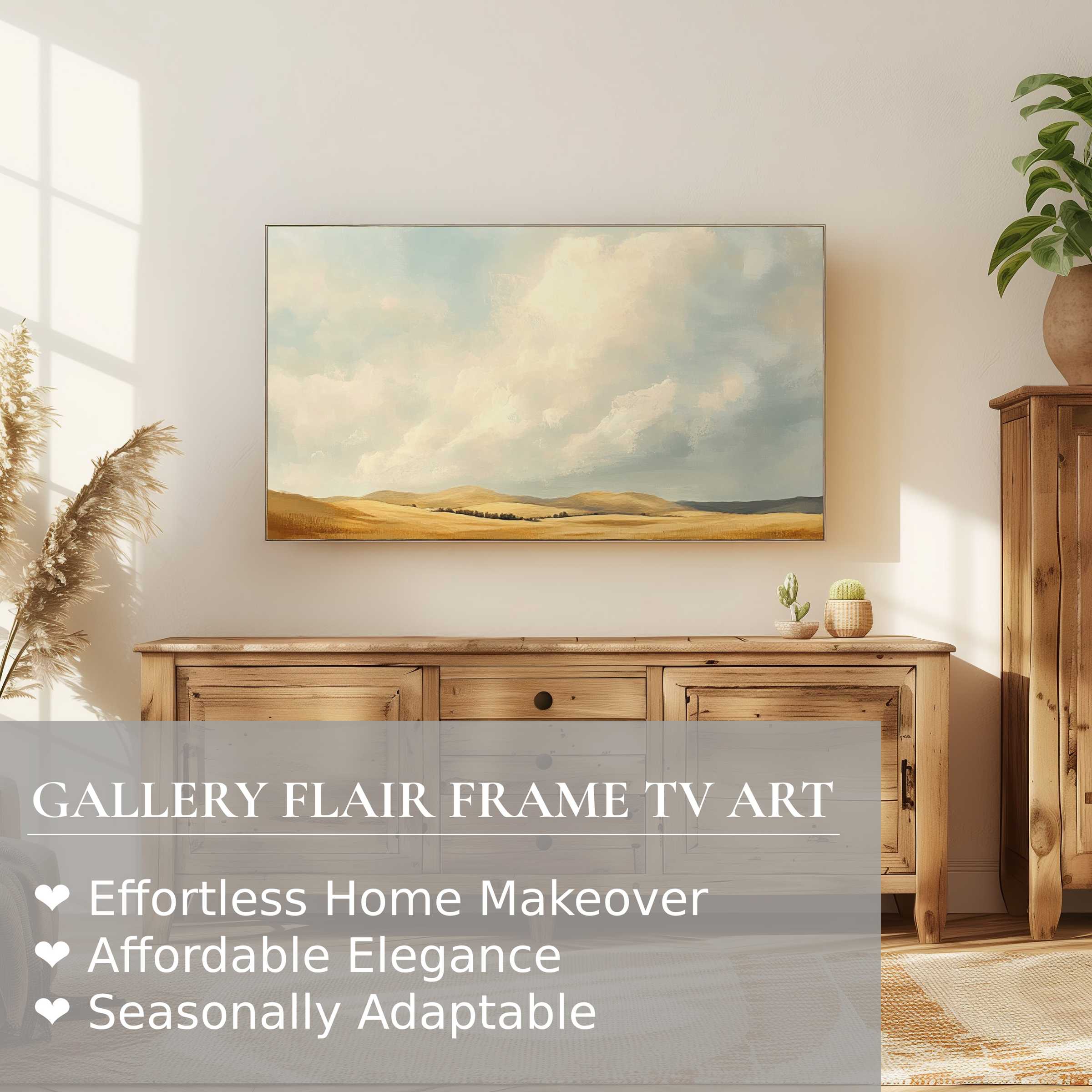 Samsung Frame TV displays serene farmhouse digital artwork in a warm, sunlit room with natural wood accents