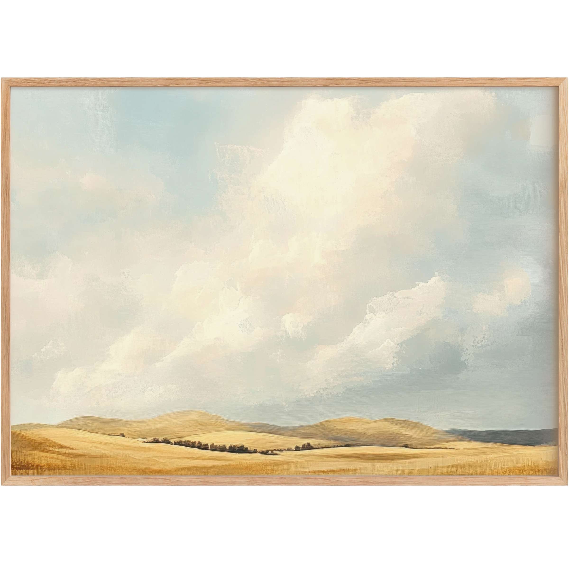 Golden rolling hills bathed in soft sunlight under a sky of billowing clouds, creating calming farmhouse printable wall art