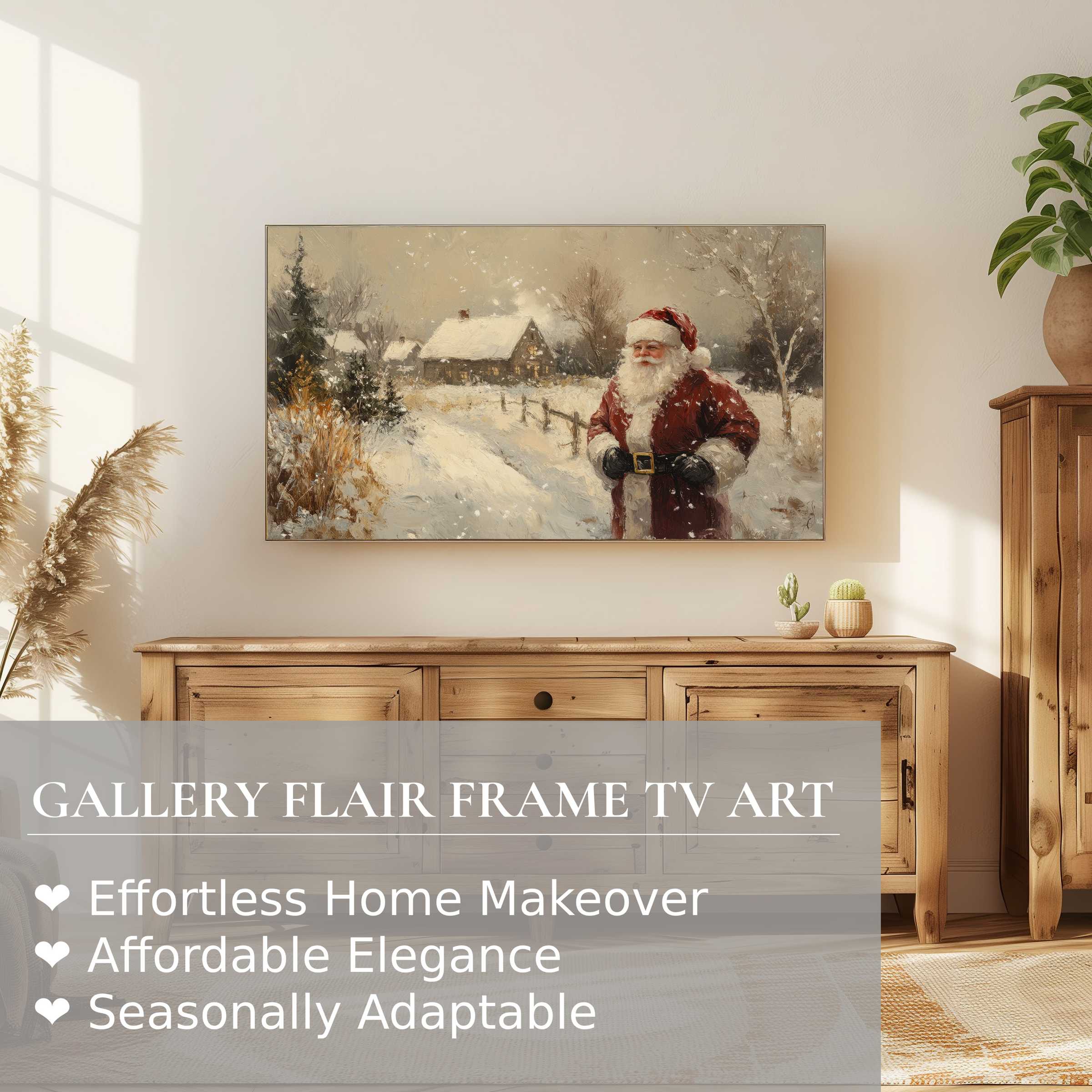 Samsung Frame TV displays elegant christmas digital artwork with Santa in a cozy snowy village setting