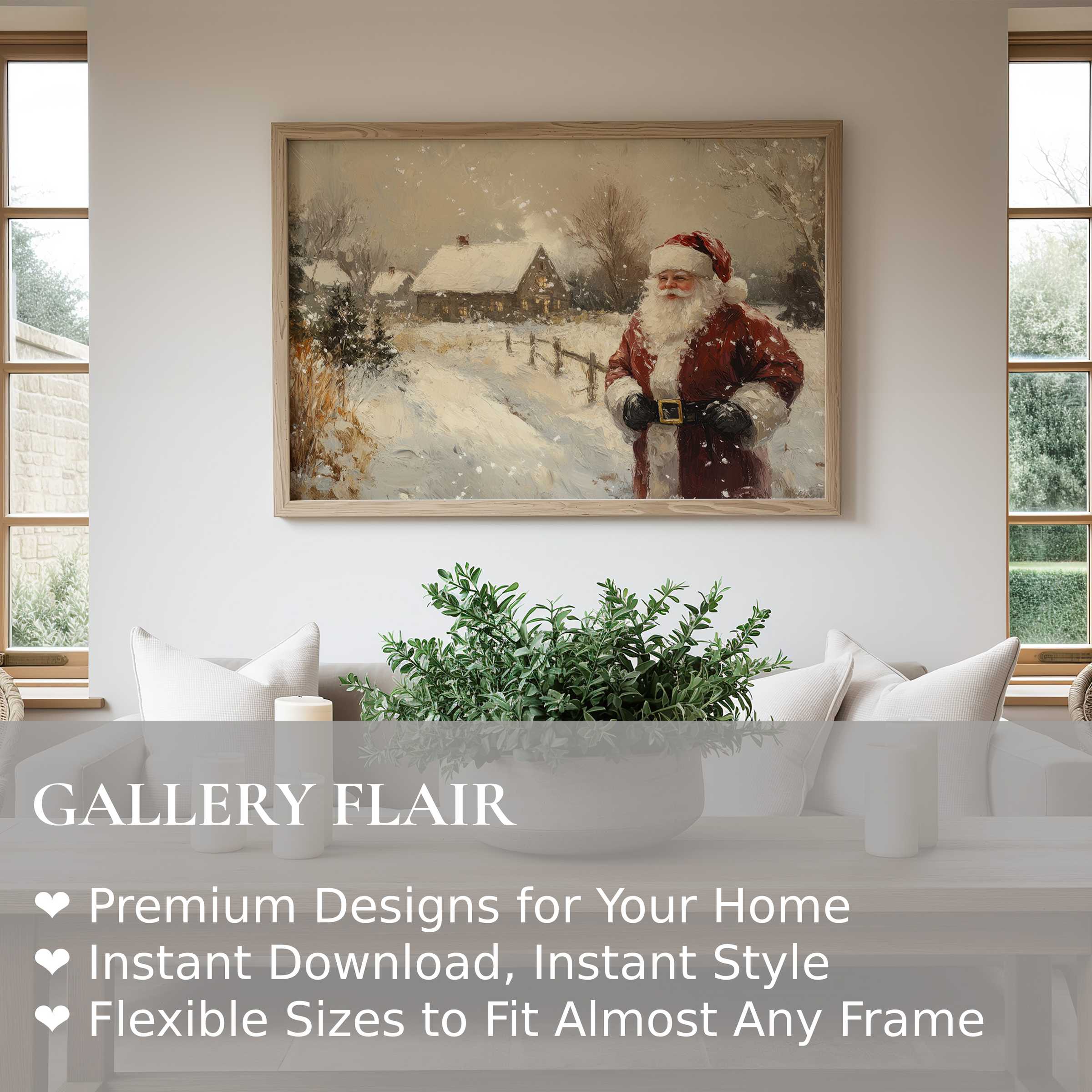 Christmas wall art print featuring a radiant Santa in a serene snow-covered cottage scene, enhancing modern farmhouse interiors with warmth and festive charm