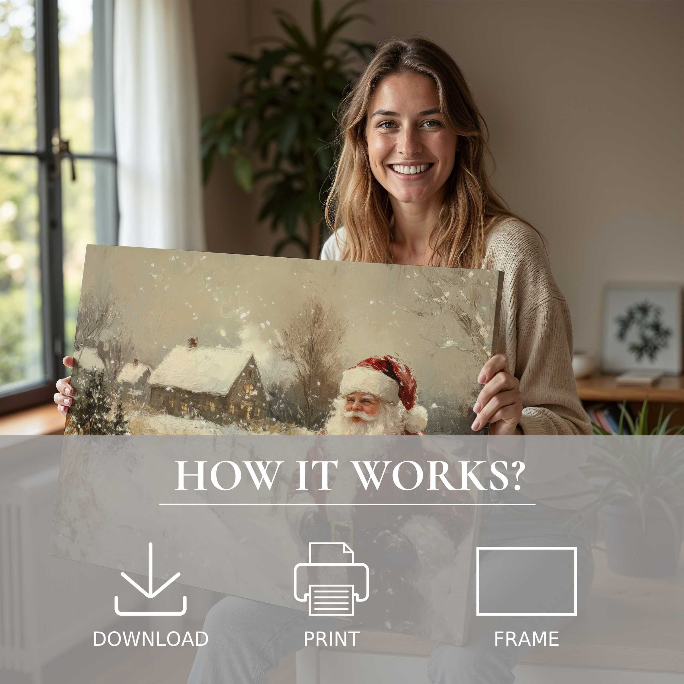 A joyful moment of connection as a woman reveals a festive Christmas digital art print, evoking warmth and timeless joy in a chic, serene home setting