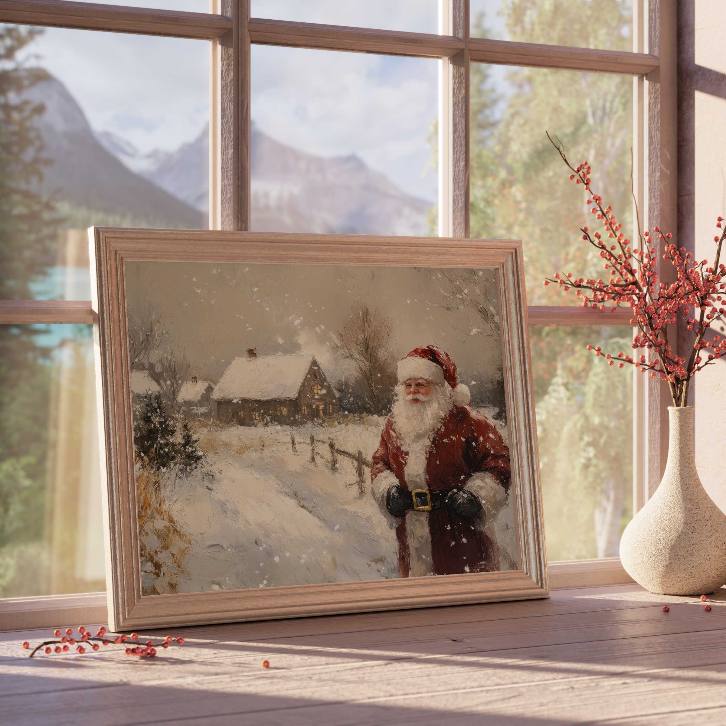 Timeless Christmas downloadable art capturing a serene snowy village and warm Santa, perfect for curated, elegant holiday interiors