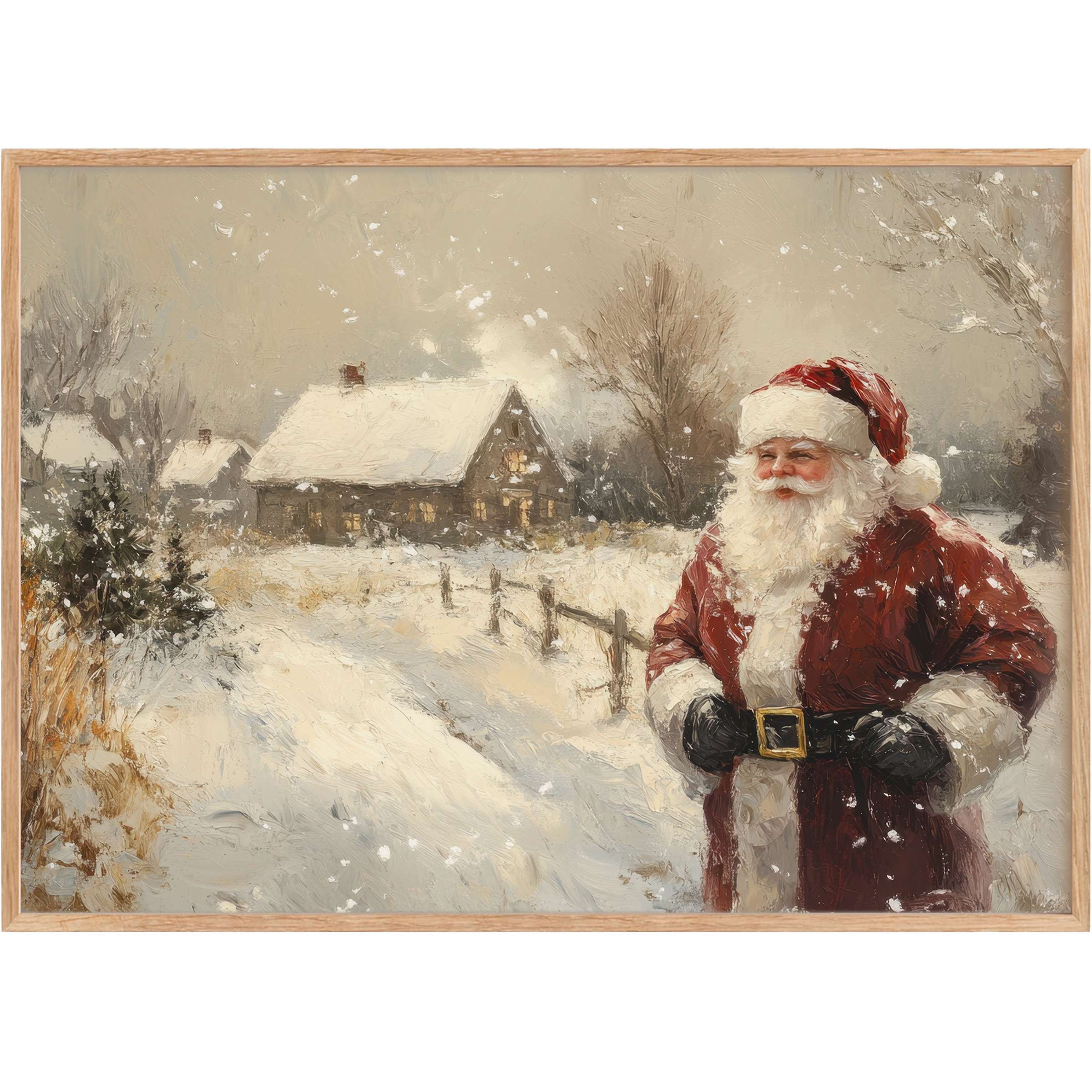 Christmas printable wall art featuring a radiant Santa amidst a snowy, warmly lit countryside, evoking timeless festive charm
