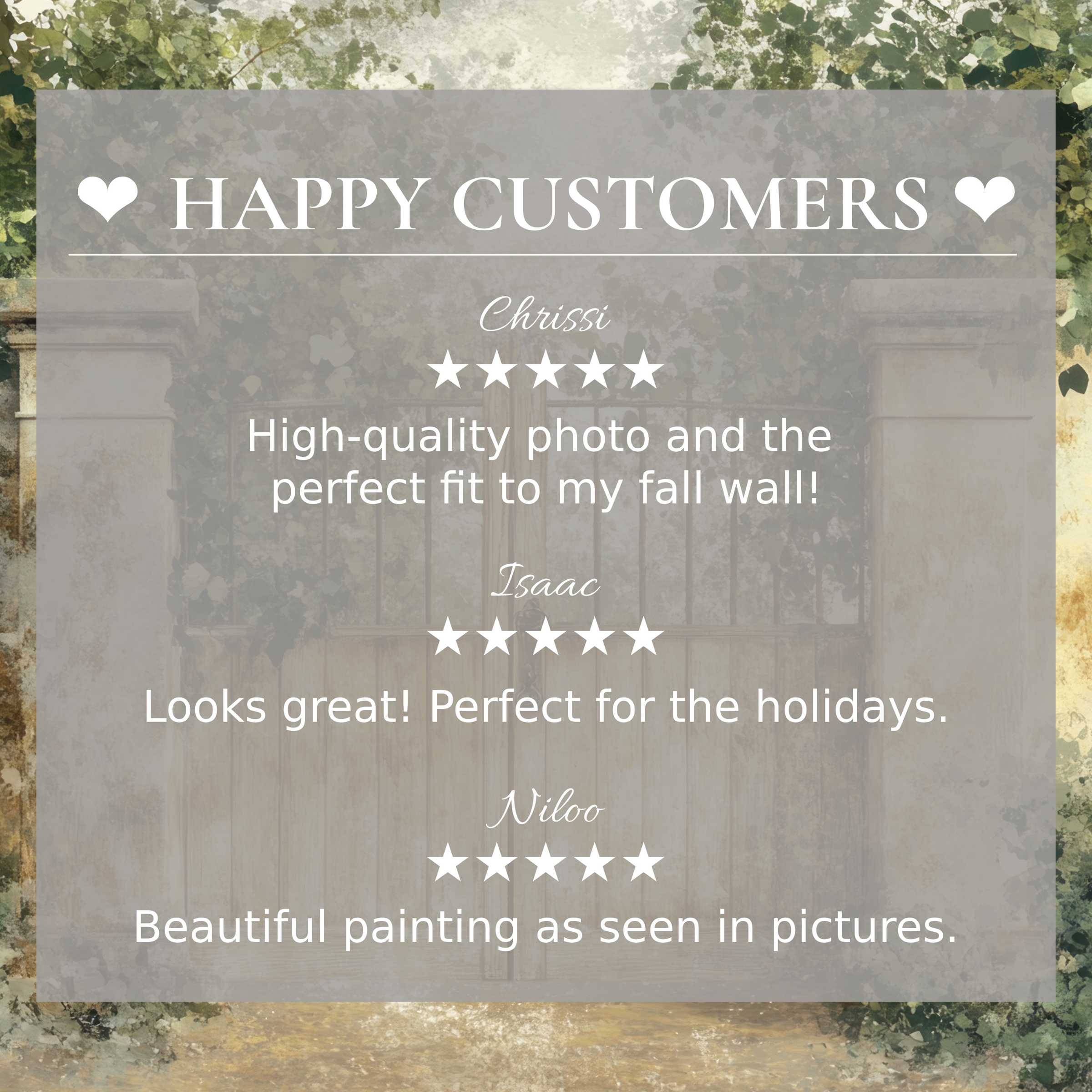 spring art for Frame TV with abstract garden gate backdrop, happy customer reviews build trust and elegance