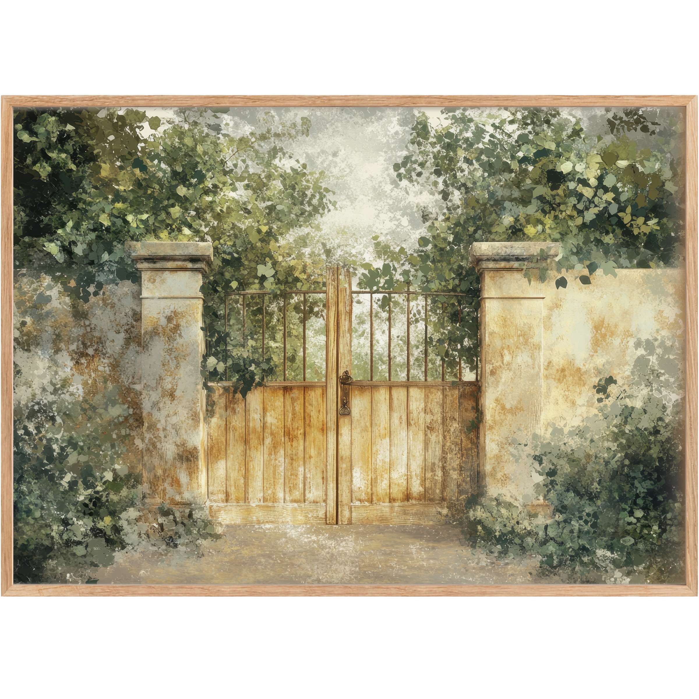 Spring printable wall art featuring a sunlit rustic gate framed by lush green foliage, evoking serene warmth and timeless elegance