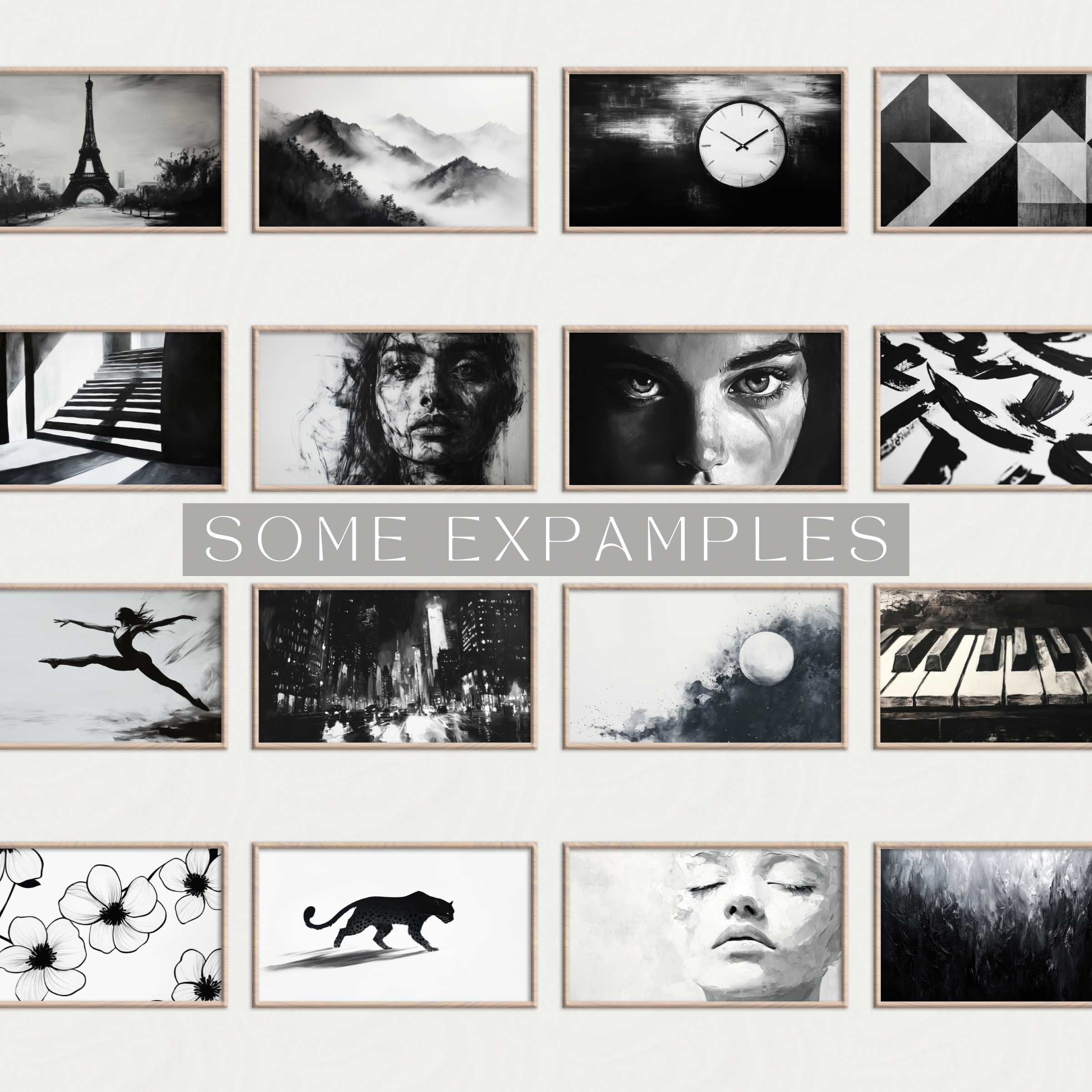 Black and White Frame TV Art gallery showcasing modern, elegant frames with diverse striking monochrome visuals