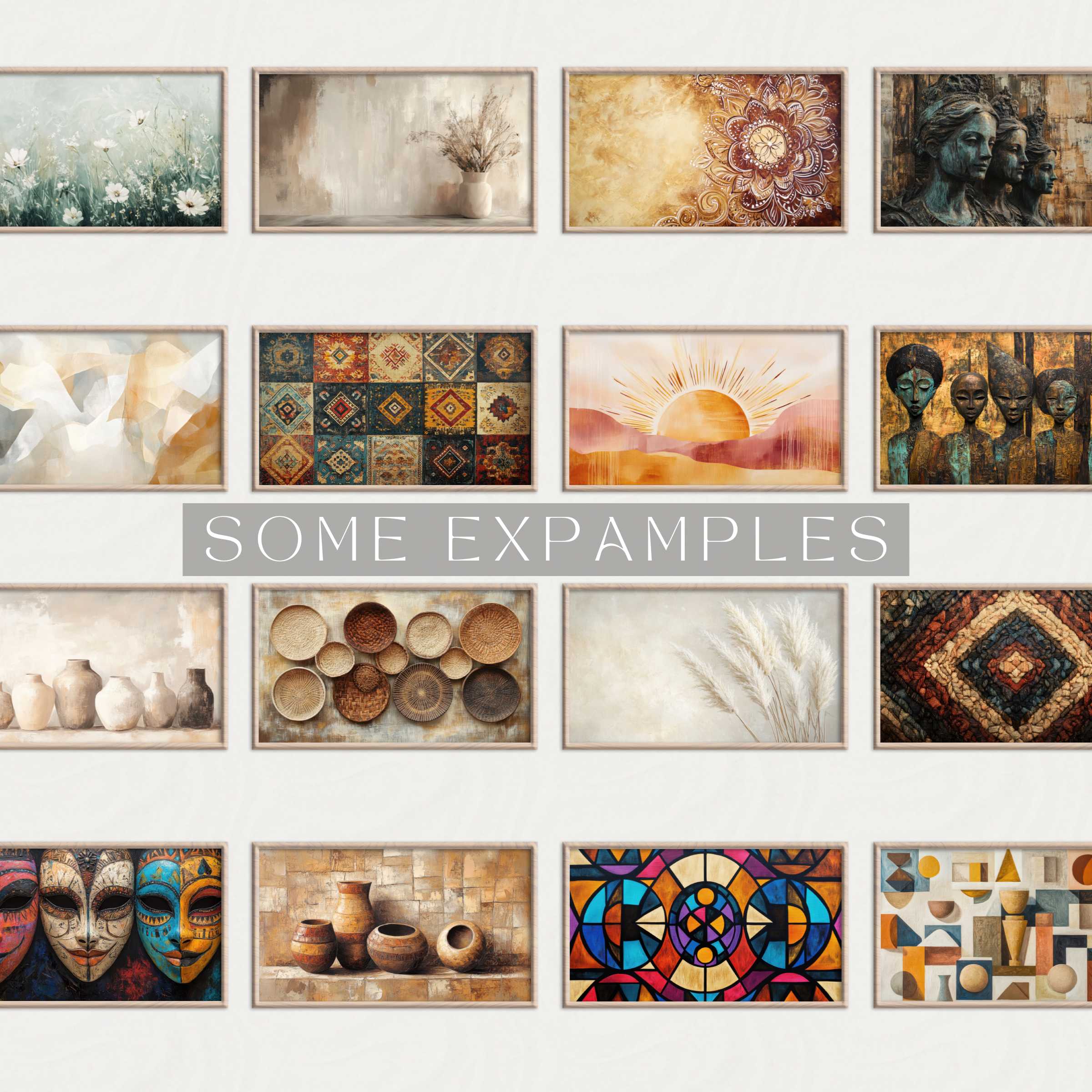 Elegant gallery of Boho Frame TV Art with earthy tones, tribal patterns, and serene natural motifs for sophisticated decor