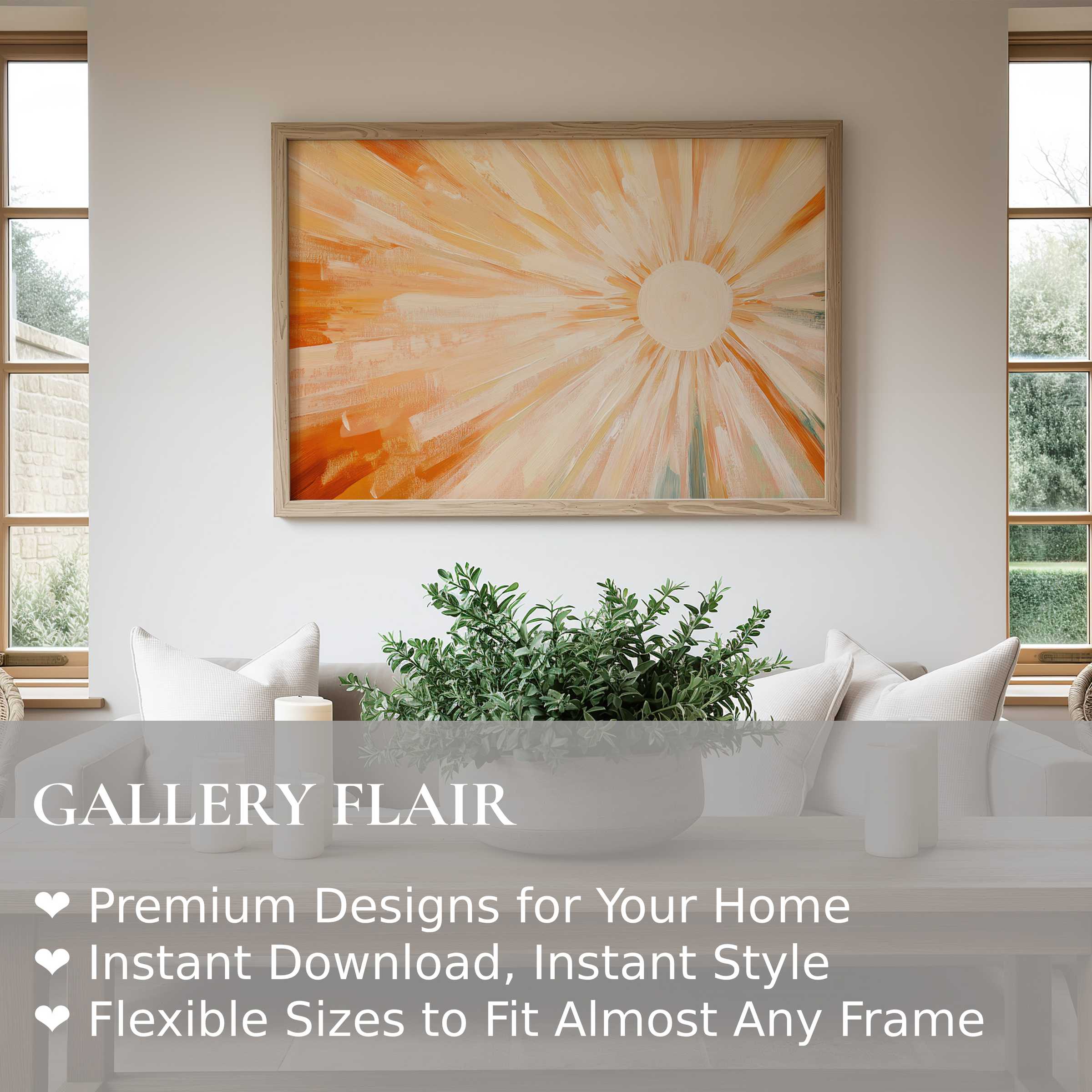 Radiant boho wall art print with warm sunburst hues, enhancing modern minimalist living spaces with calming, natural elegance