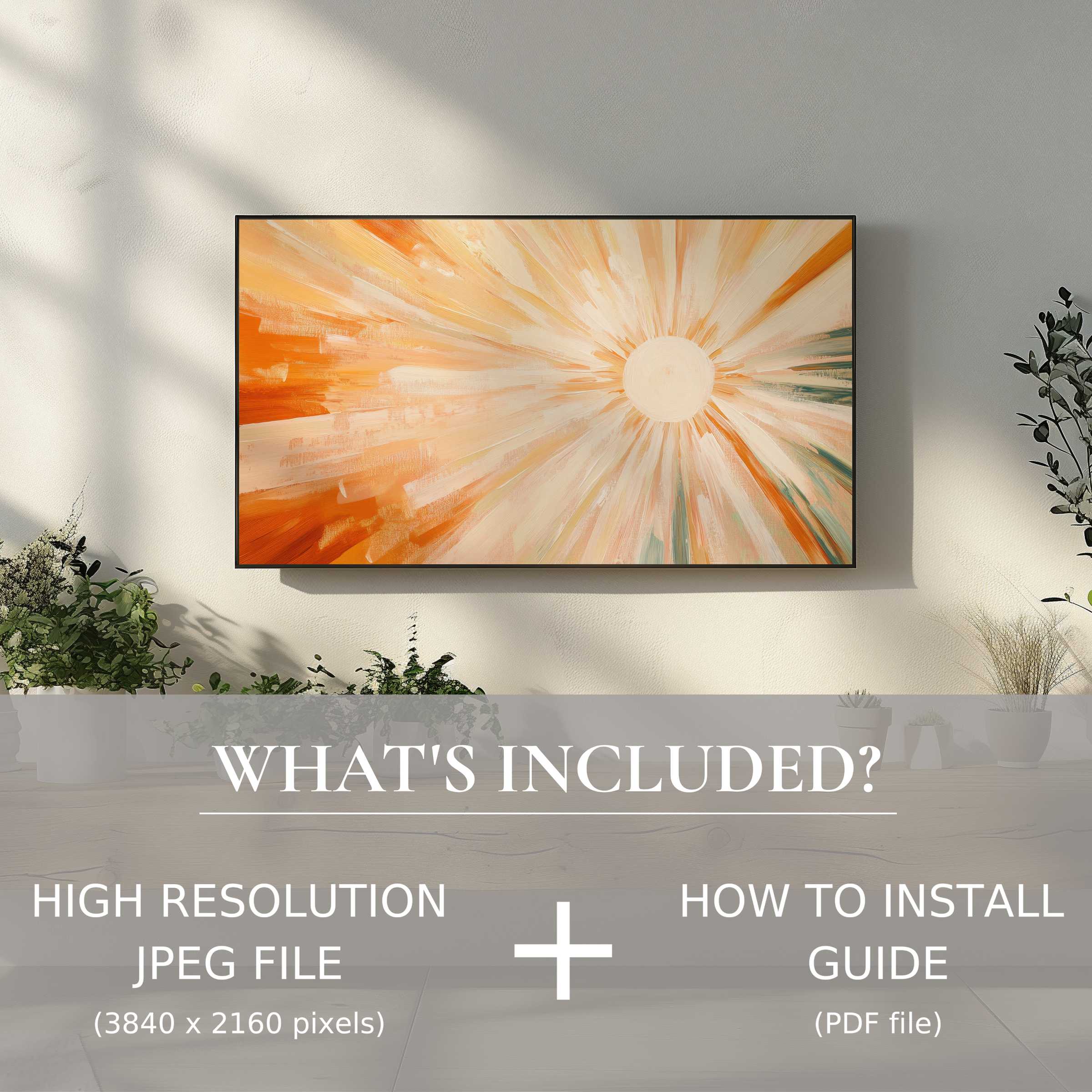 Elegant boho digital TV art download brightens modern living spaces with easy digital use and radiant sunburst design