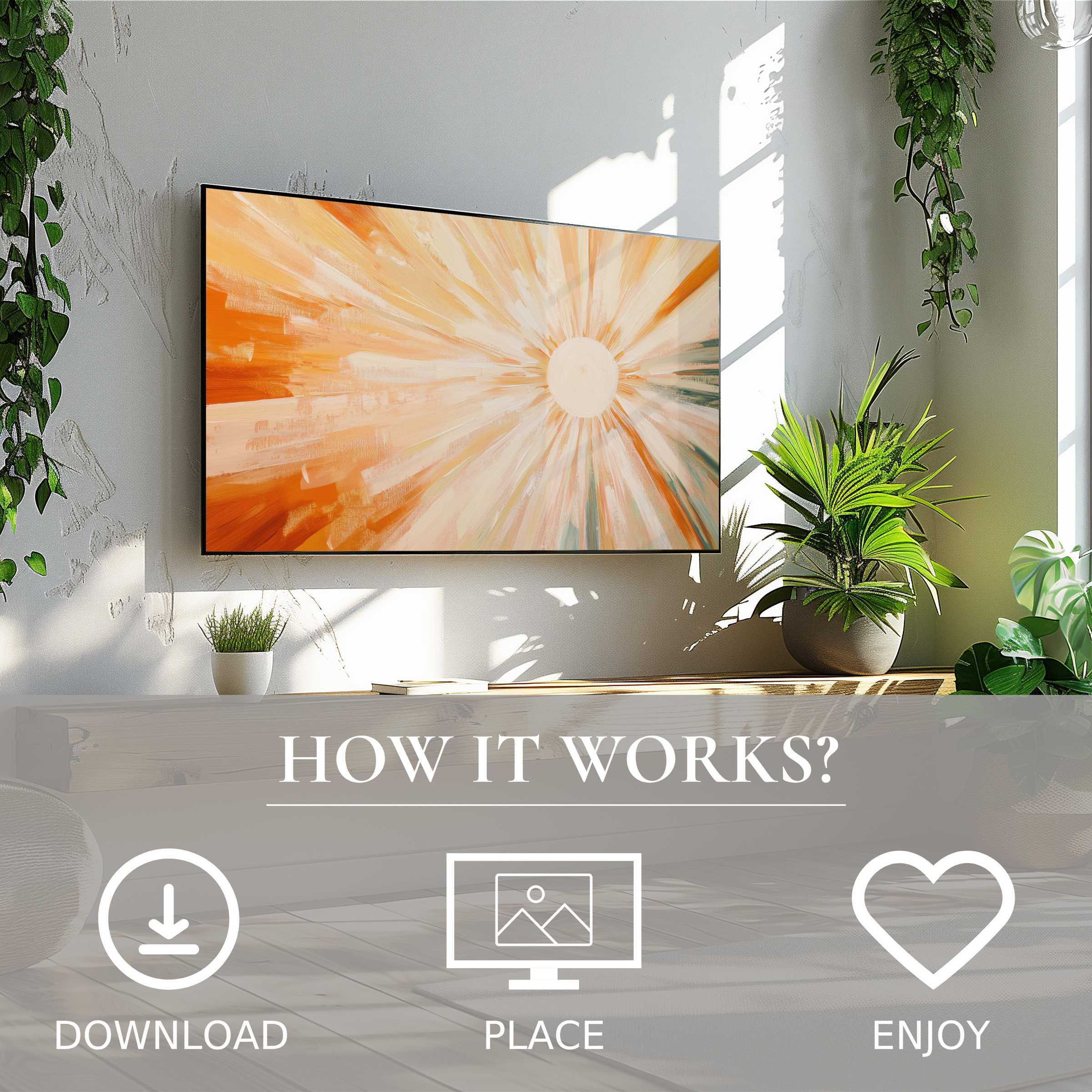 Boho art for Samsung TV with warm sunburst tones, easy digital download enhances modern living spaces
