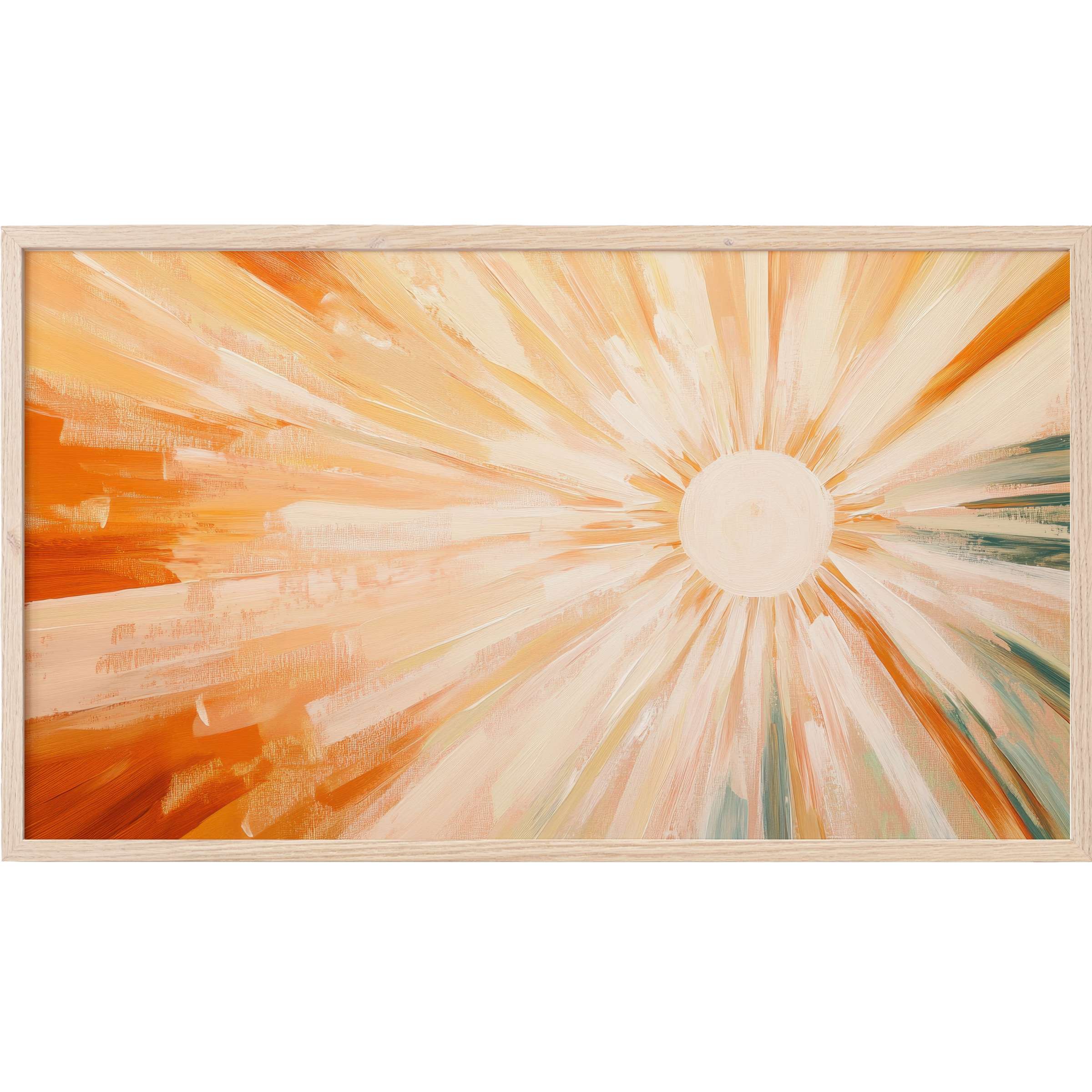 Abstract sunburst in warm ochre and cream tones with subtle teal accents, perfect boho Frame TV Art for stylish spaces