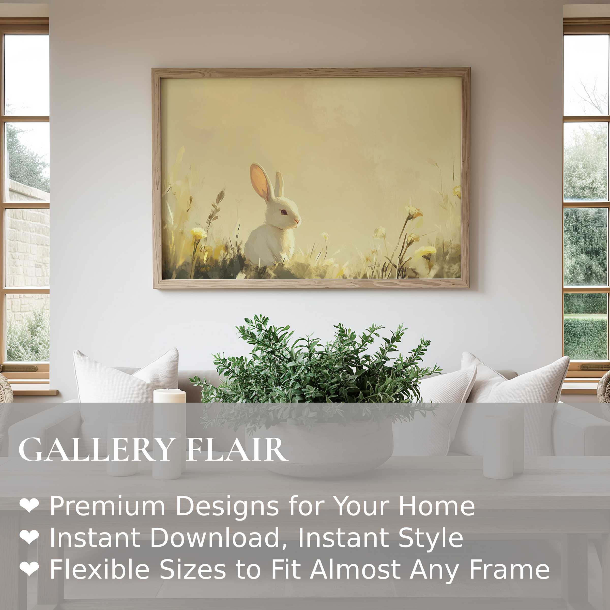 Easter wall art print featuring a serene white rabbit in soft, radiant florals, perfect for modern farmhouse and cozy minimalist interiors