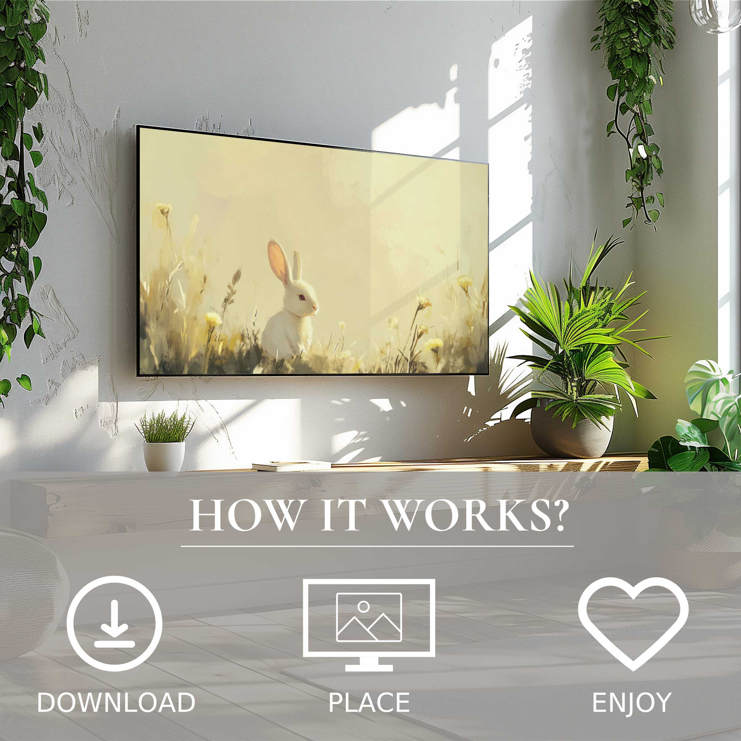 Easter art for Samsung TV shows soft pastel bunny motif; easy digital download enriches modern green living spaces