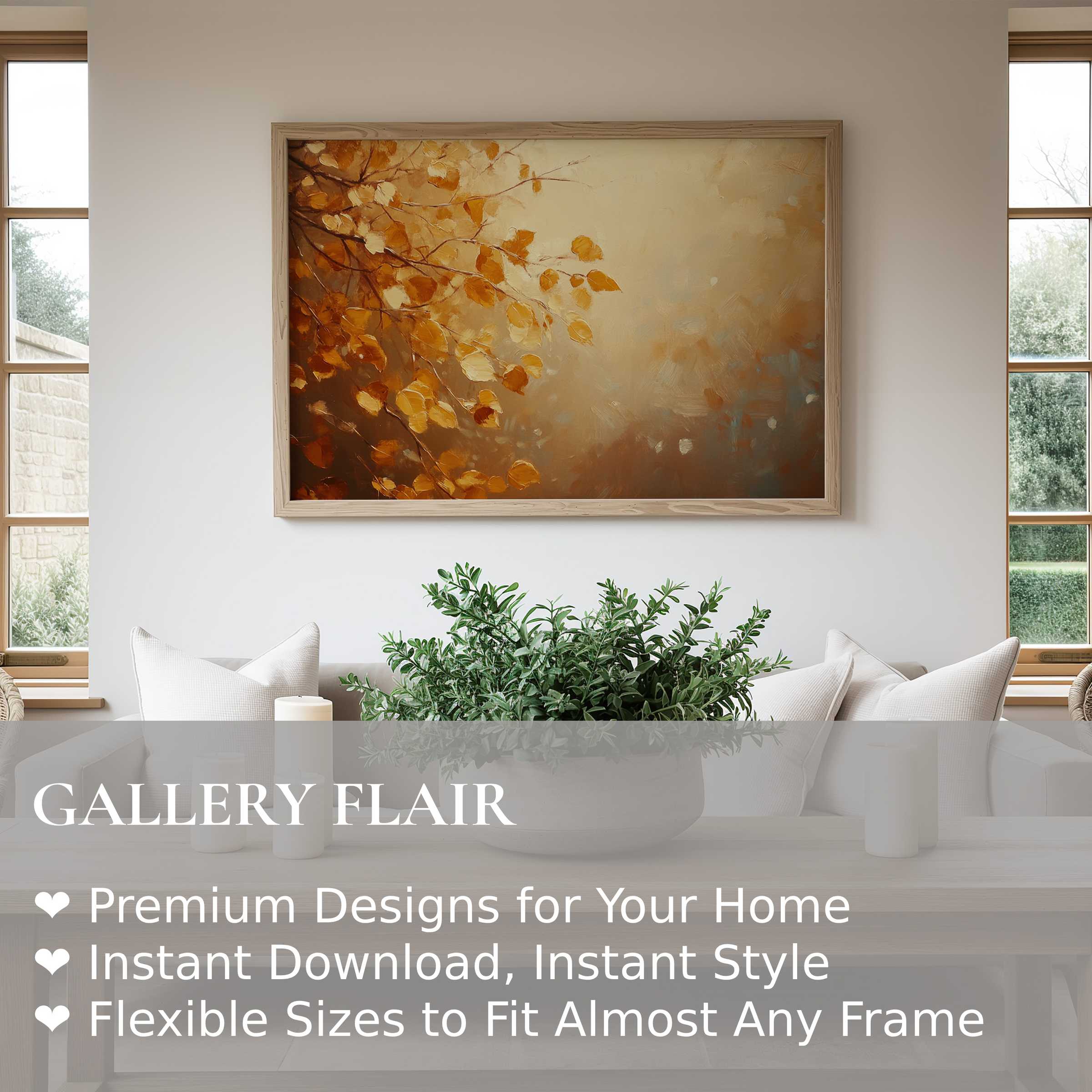 Fall wall art print featuring radiant amber leaves in a modern, serene living room, enhancing cozy, elegant autumn decor