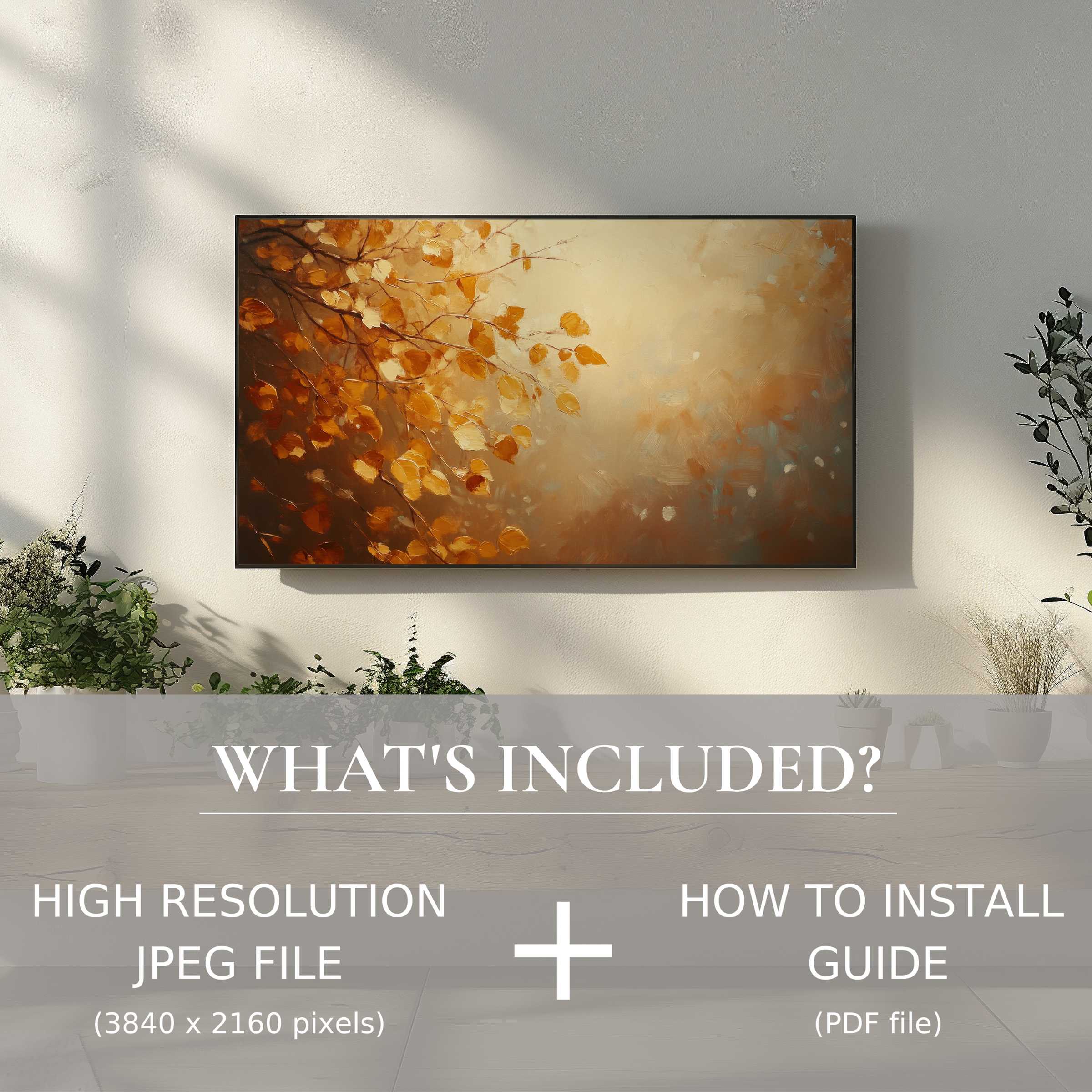 Elegant fall digital TV art download with easy use, enriching your modern living space with warm autumn hues