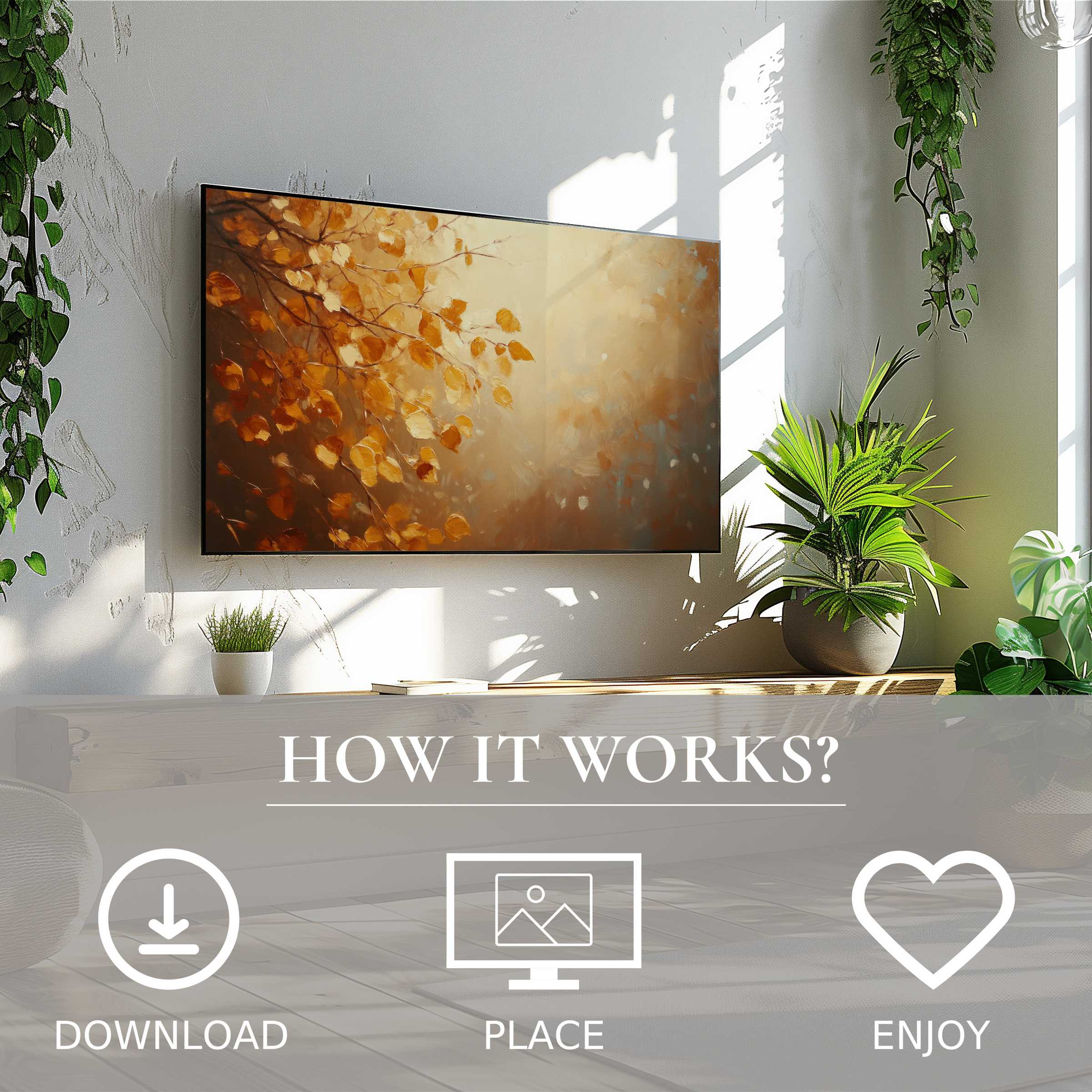 Fall art for Samsung TV: digital download enriches modern living with warm, soft sunset tones and elegant autumn leaves