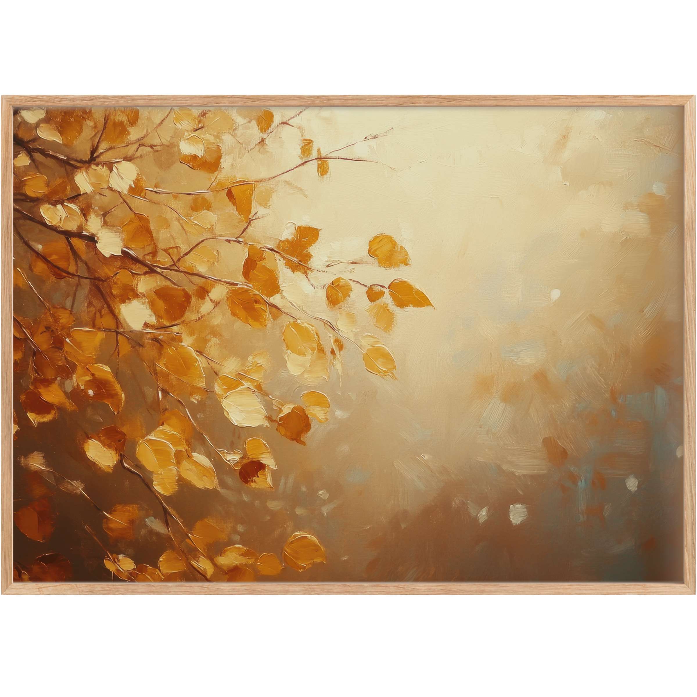 Warm amber and gold leaves drift gently on soft beige, creating serene fall printable wall art that elevates elegant, cozy interiors
