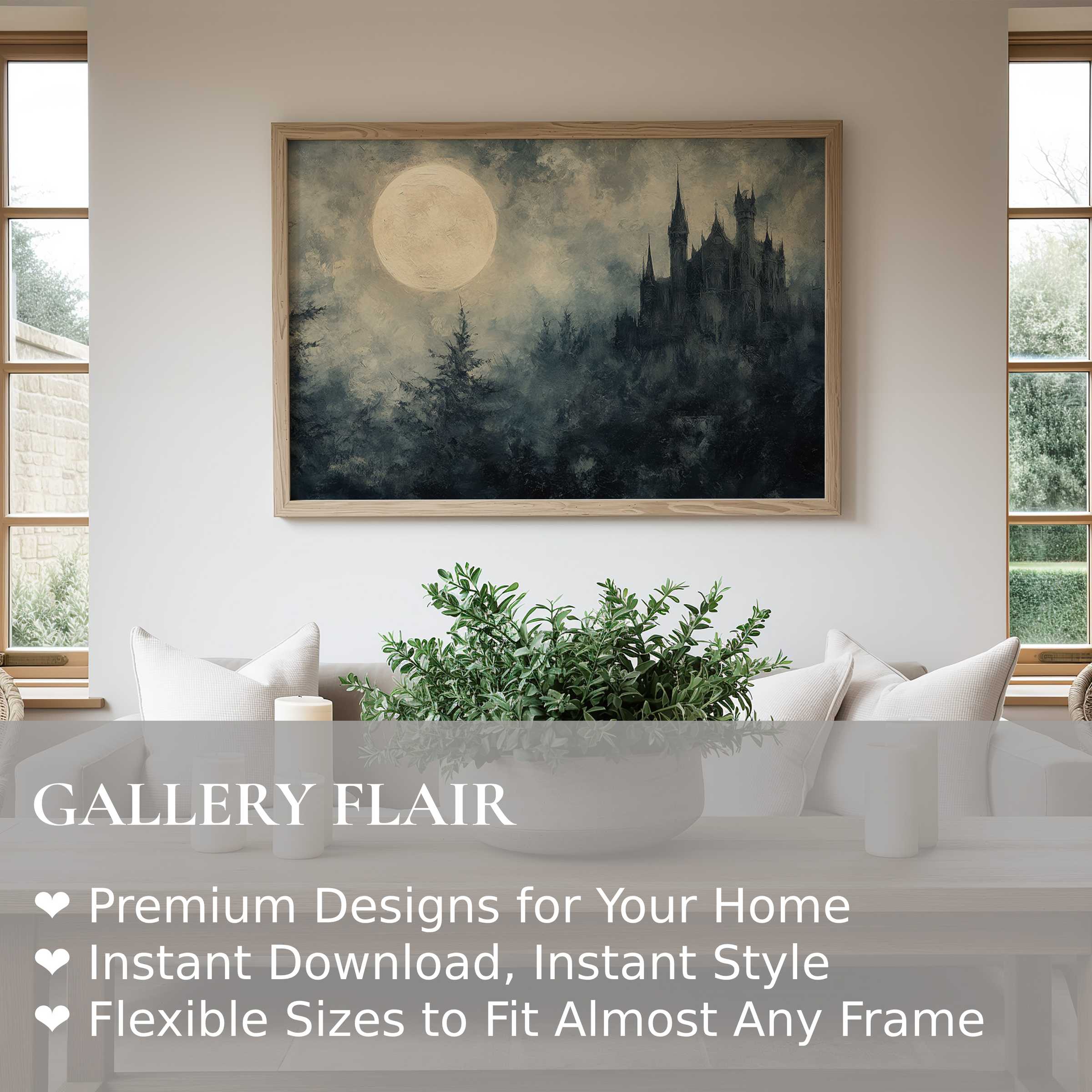 Halloween wall art print featuring a moody gothic castle under a radiant full moon, adding bold, eerie elegance to modern minimalist interiors