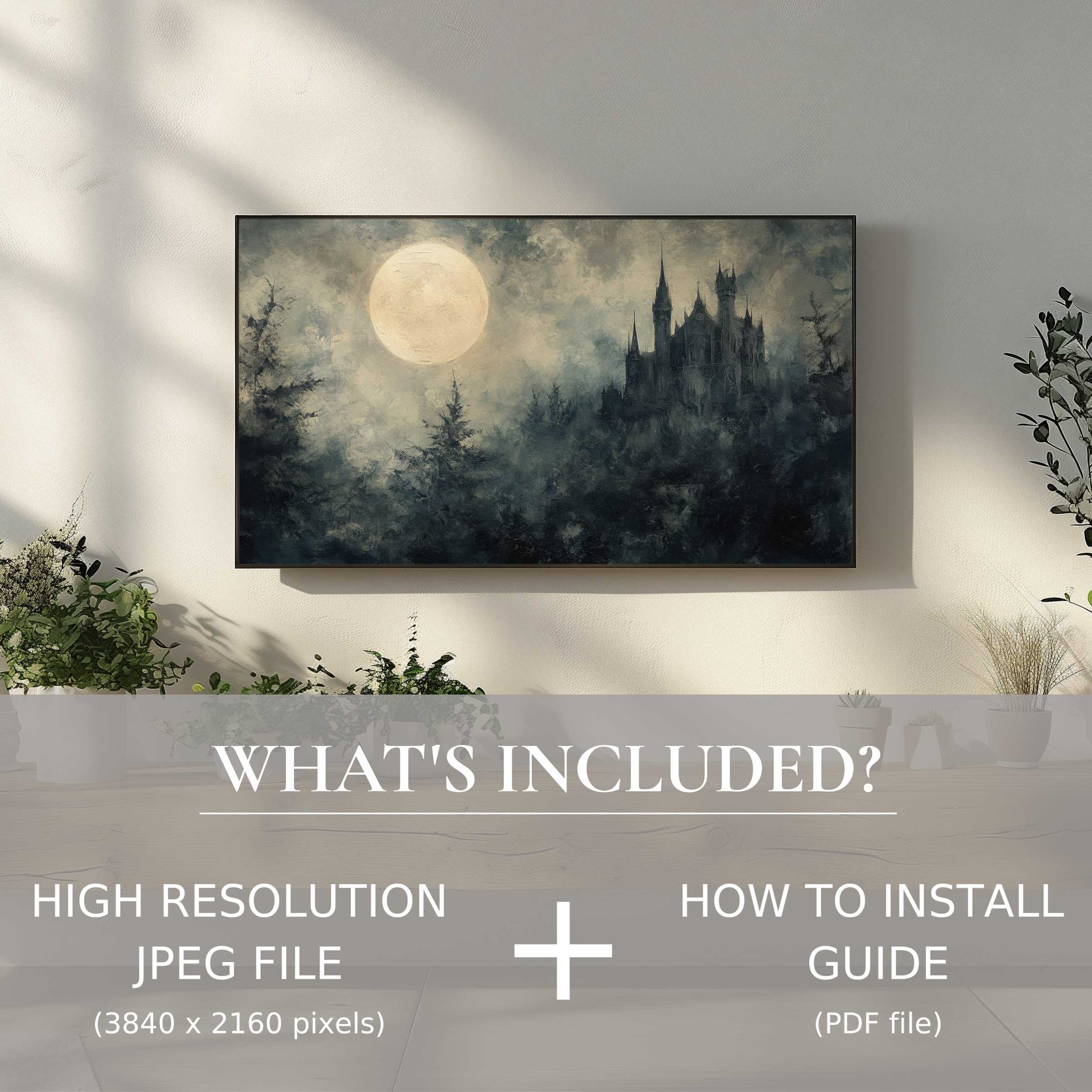 Elegant living room with atmospheric castle art; easy halloween digital TV art download enhances your modern space
