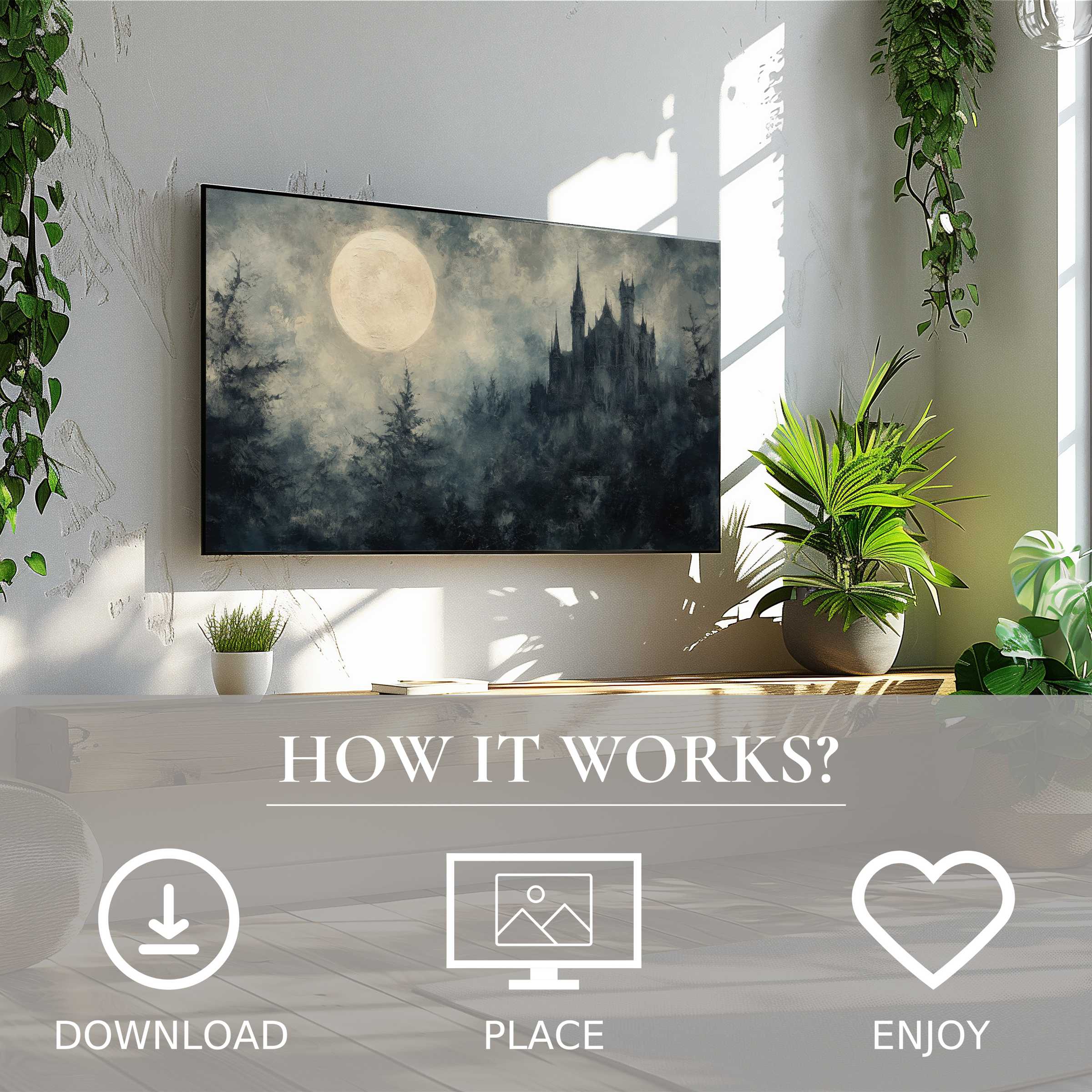 Modern living room with easy digital download; halloween art for Samsung TV shows misty castle moonlit in dark blues
