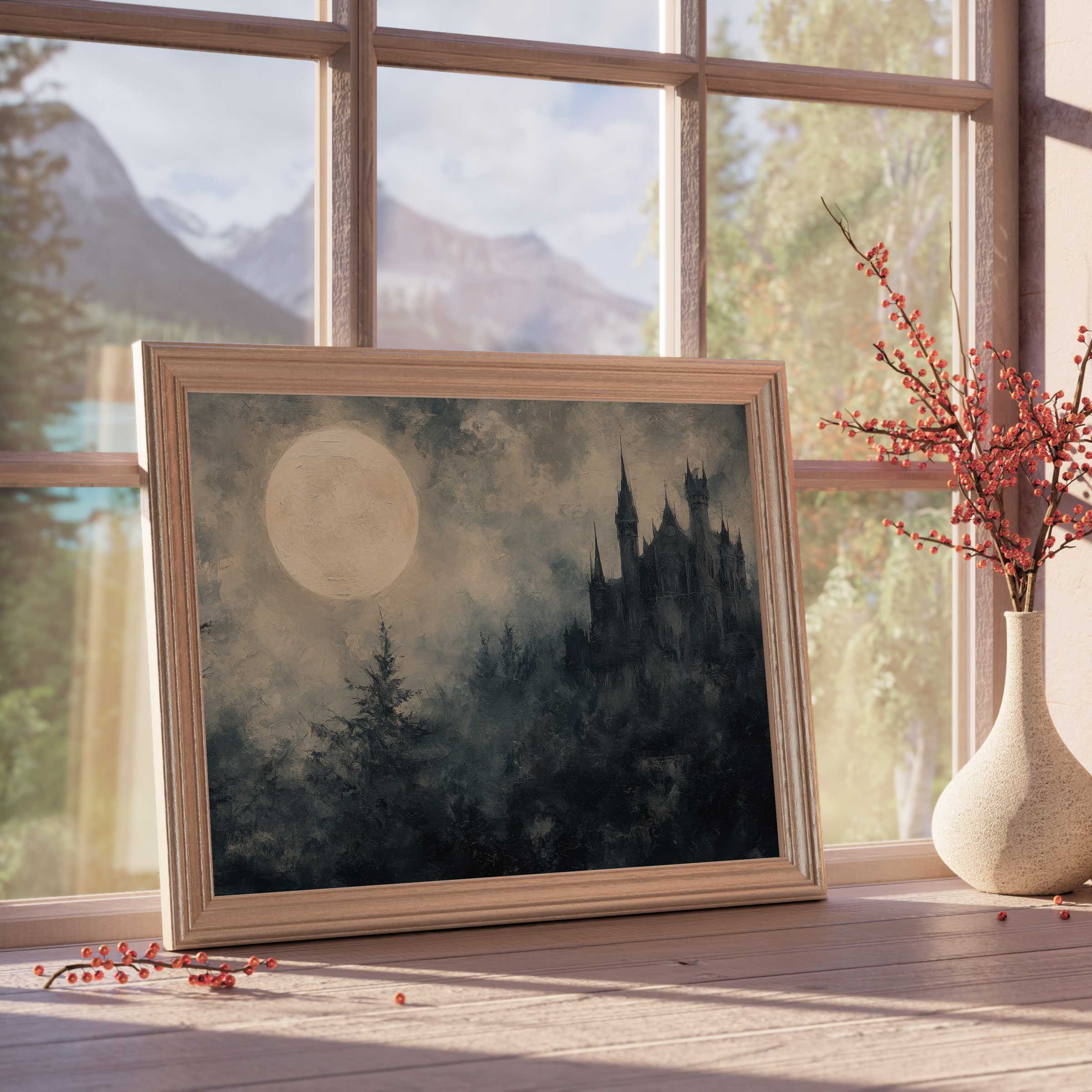 Hauntingly elegant halloween downloadable art featuring a misty castle under a glowing full moon, perfect for curated autumn interiors