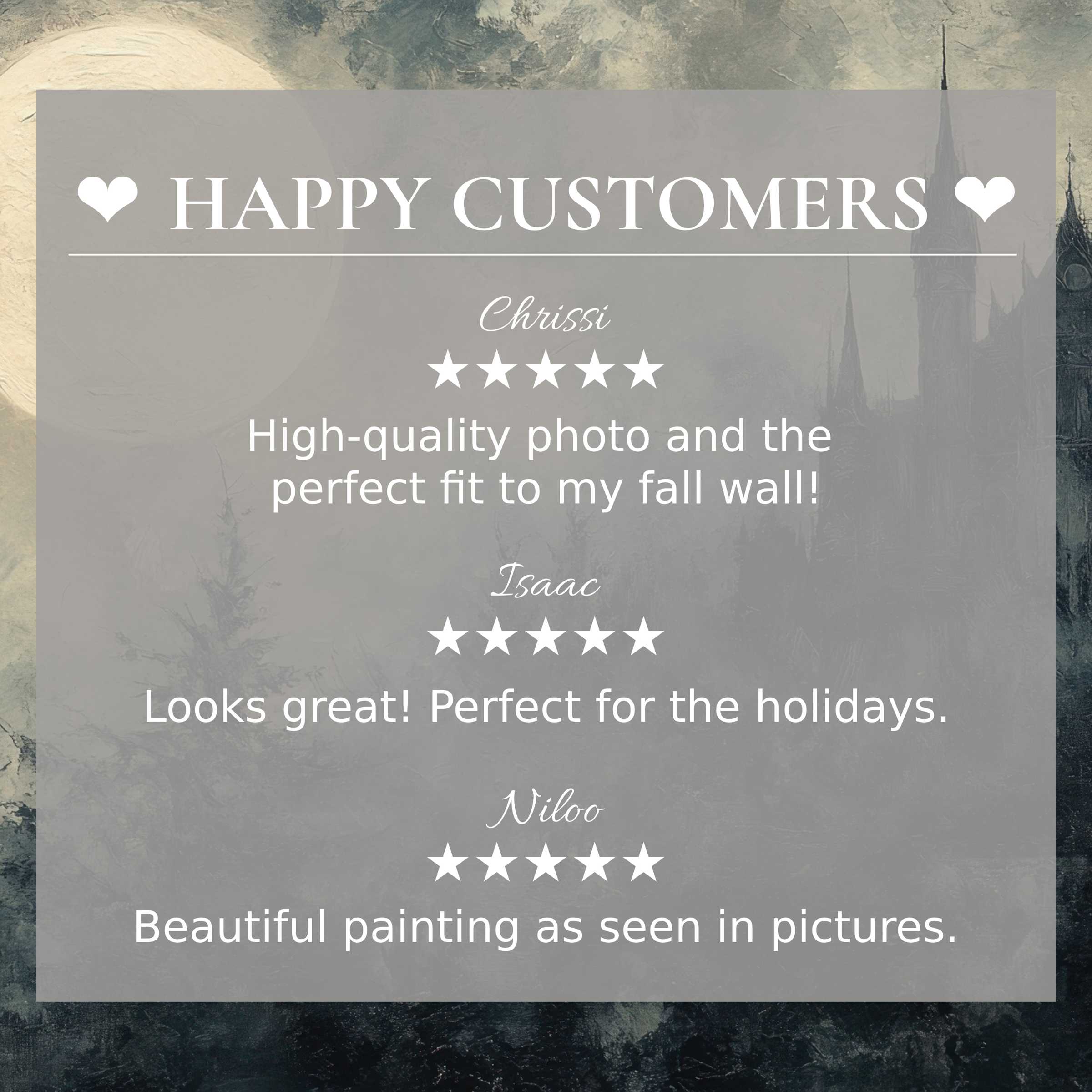 Happy customer reviews highlight trust and quality against dark gothic halloween art for Frame TV backdrop
