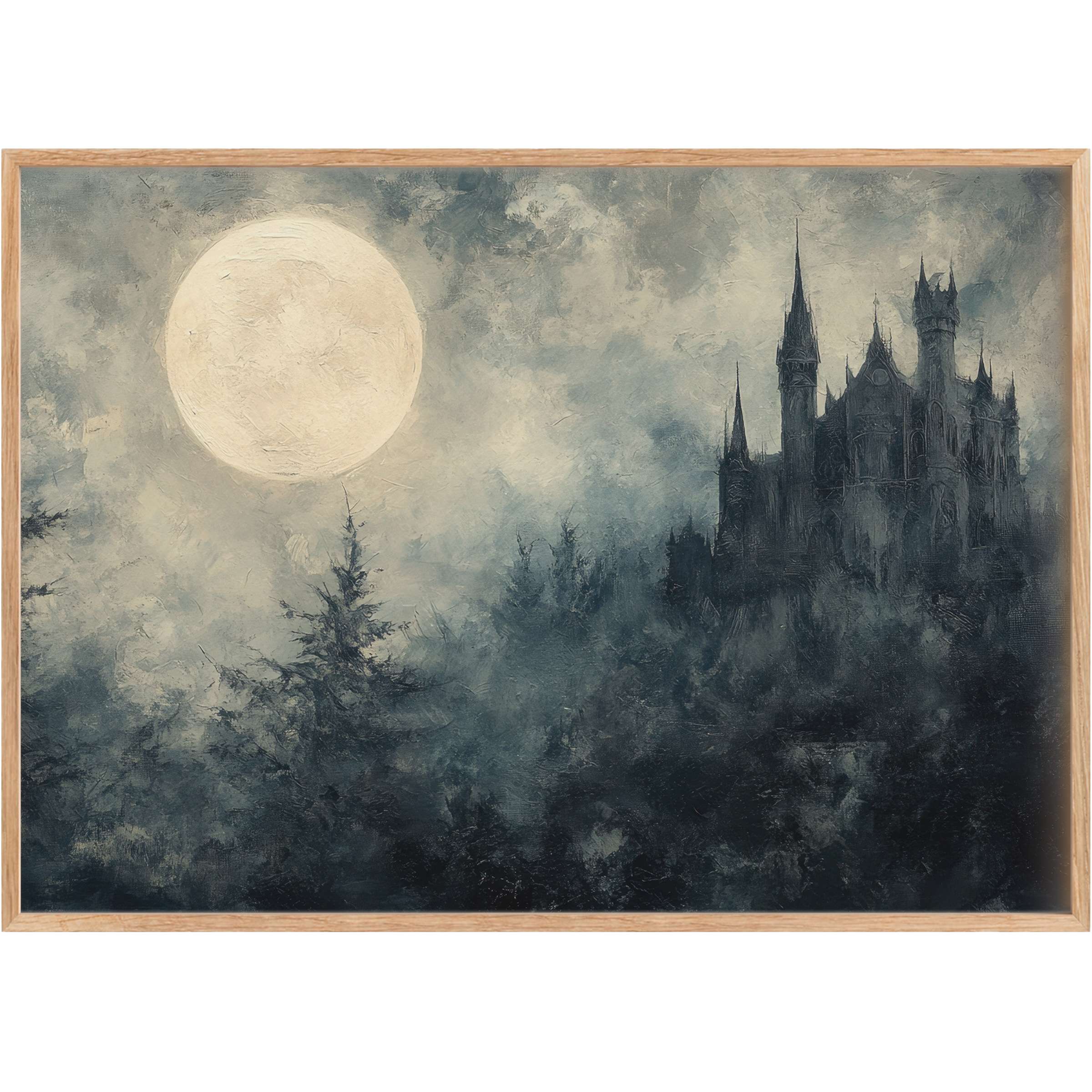 Hauntingly elegant Halloween printable wall art capturing a moonlit gothic castle silhouette in moody grays and soft ivory