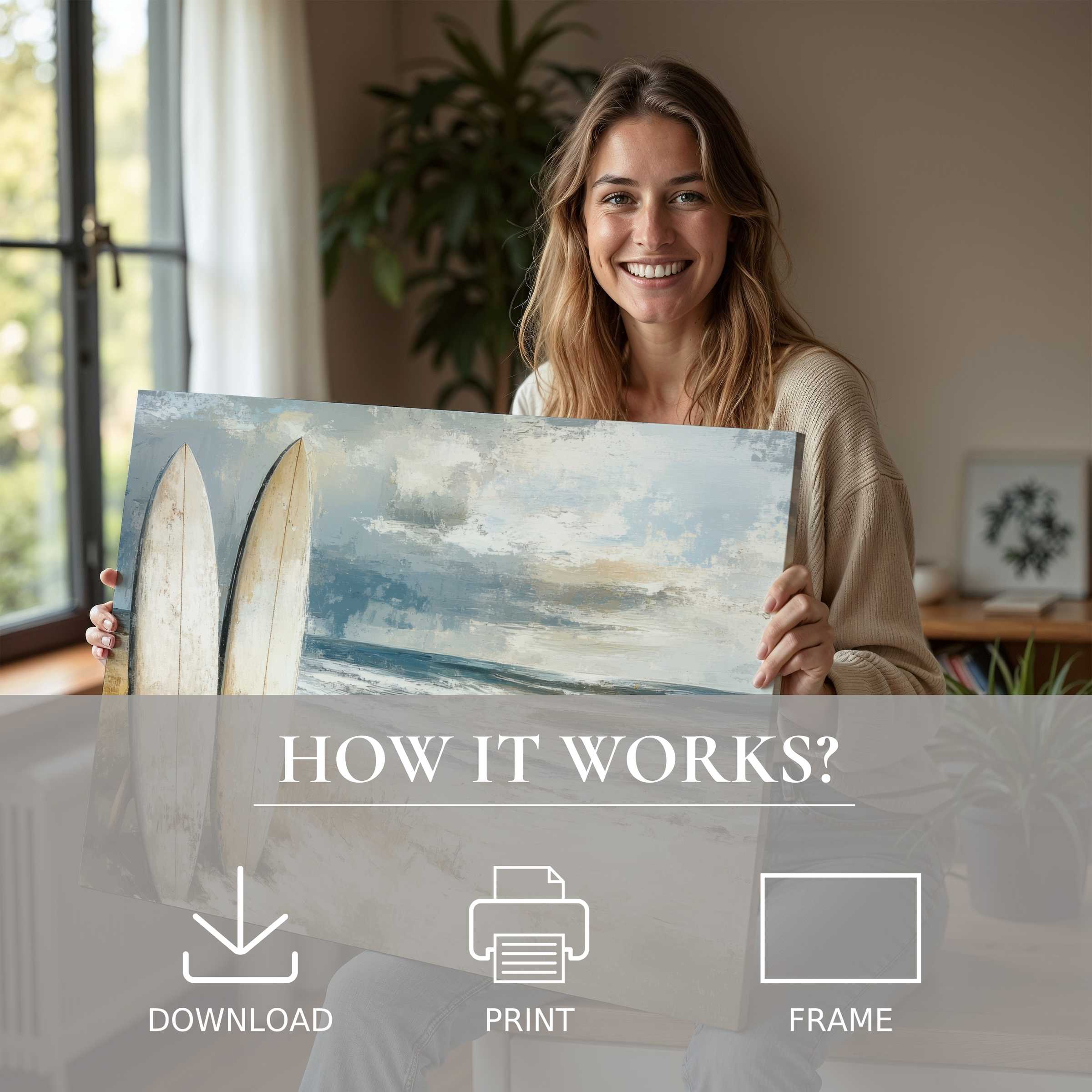 A radiant moment of joy in a modern home, embracing the ease and warmth of a serene beach digital art print