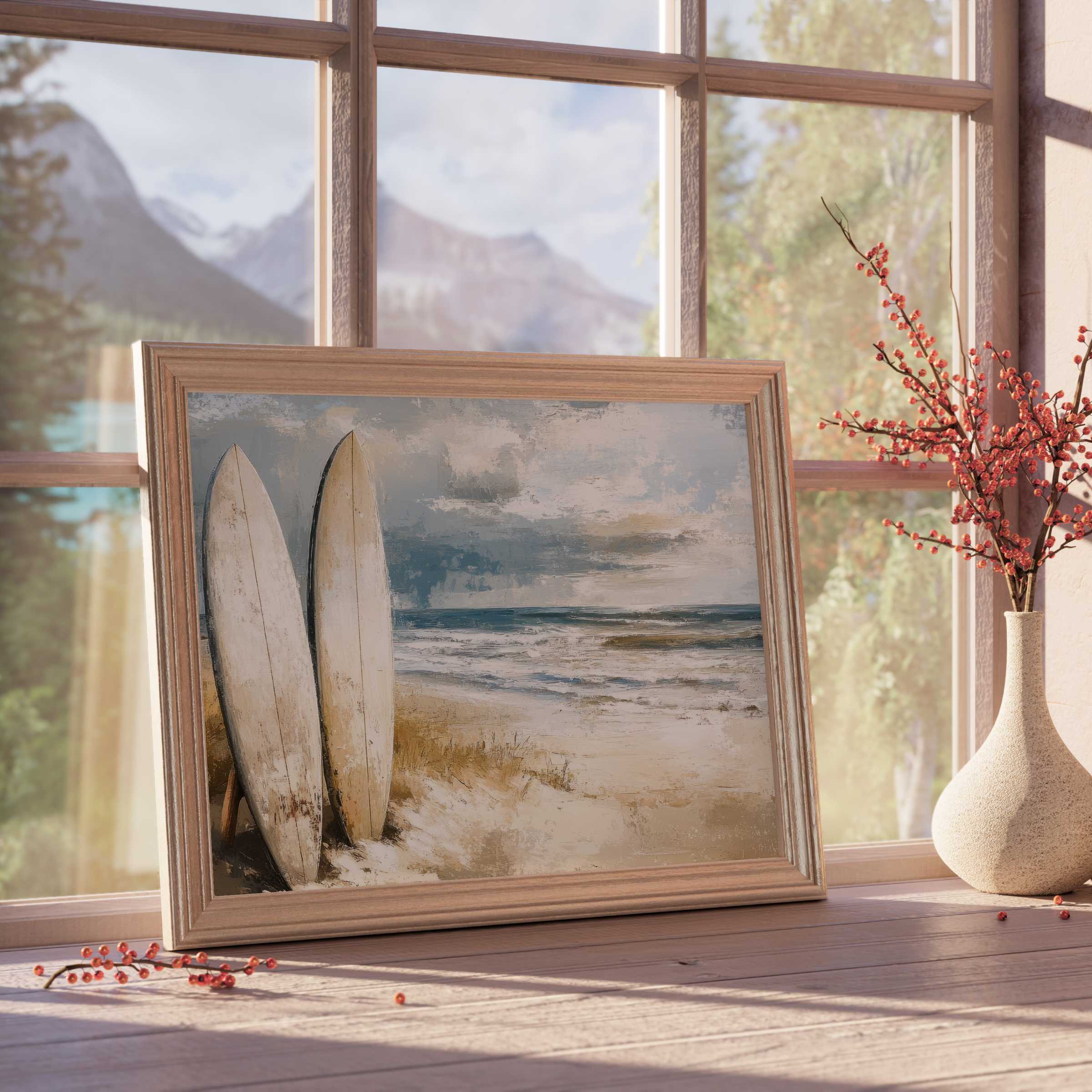 Beach downloadable art featuring serene surfboards by the shore, evoking calm coastal elegance for curated, tranquil interiors