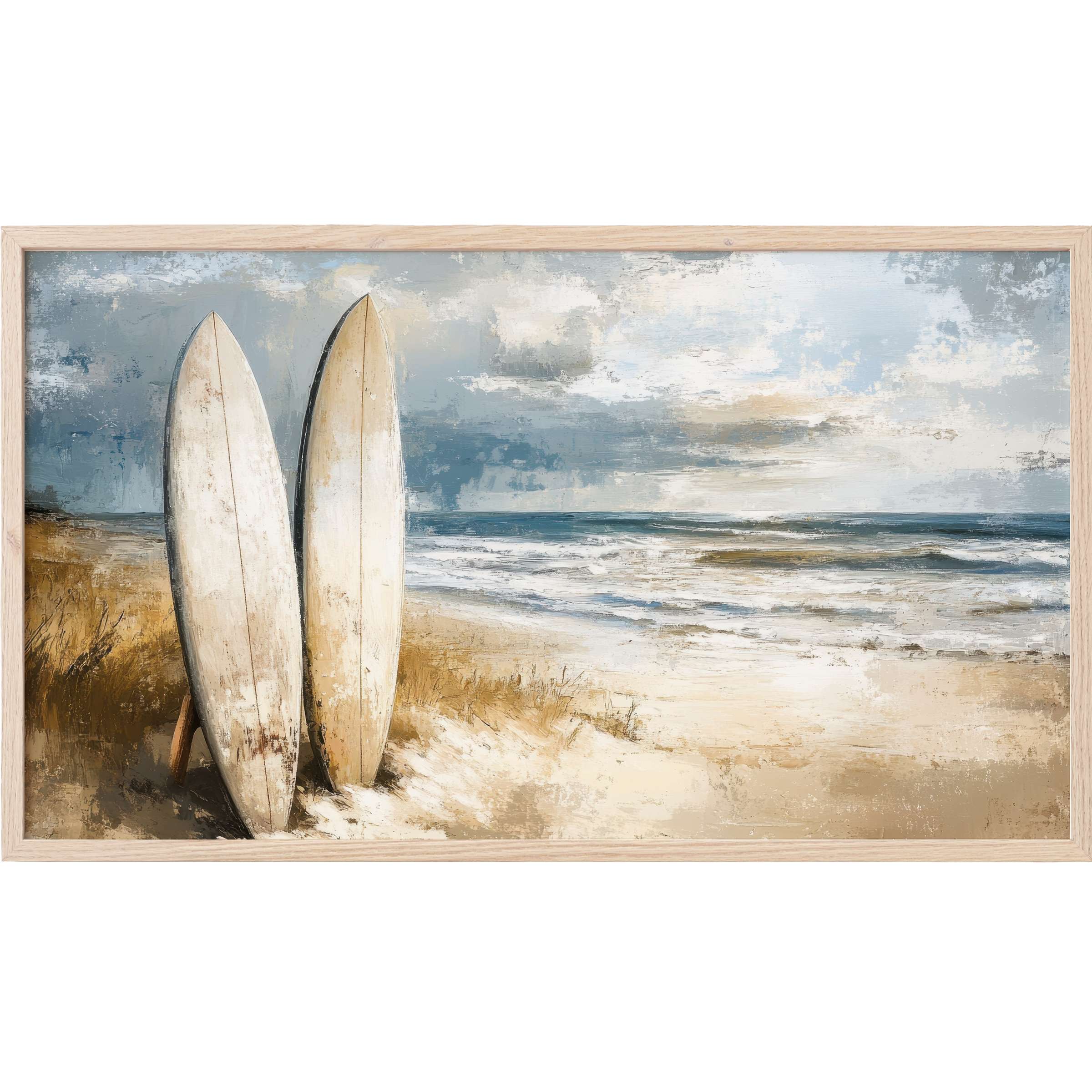 Beach scene with two weathered surfboards, soft blues and sandy tones, in elegant beach Frame TV Art style