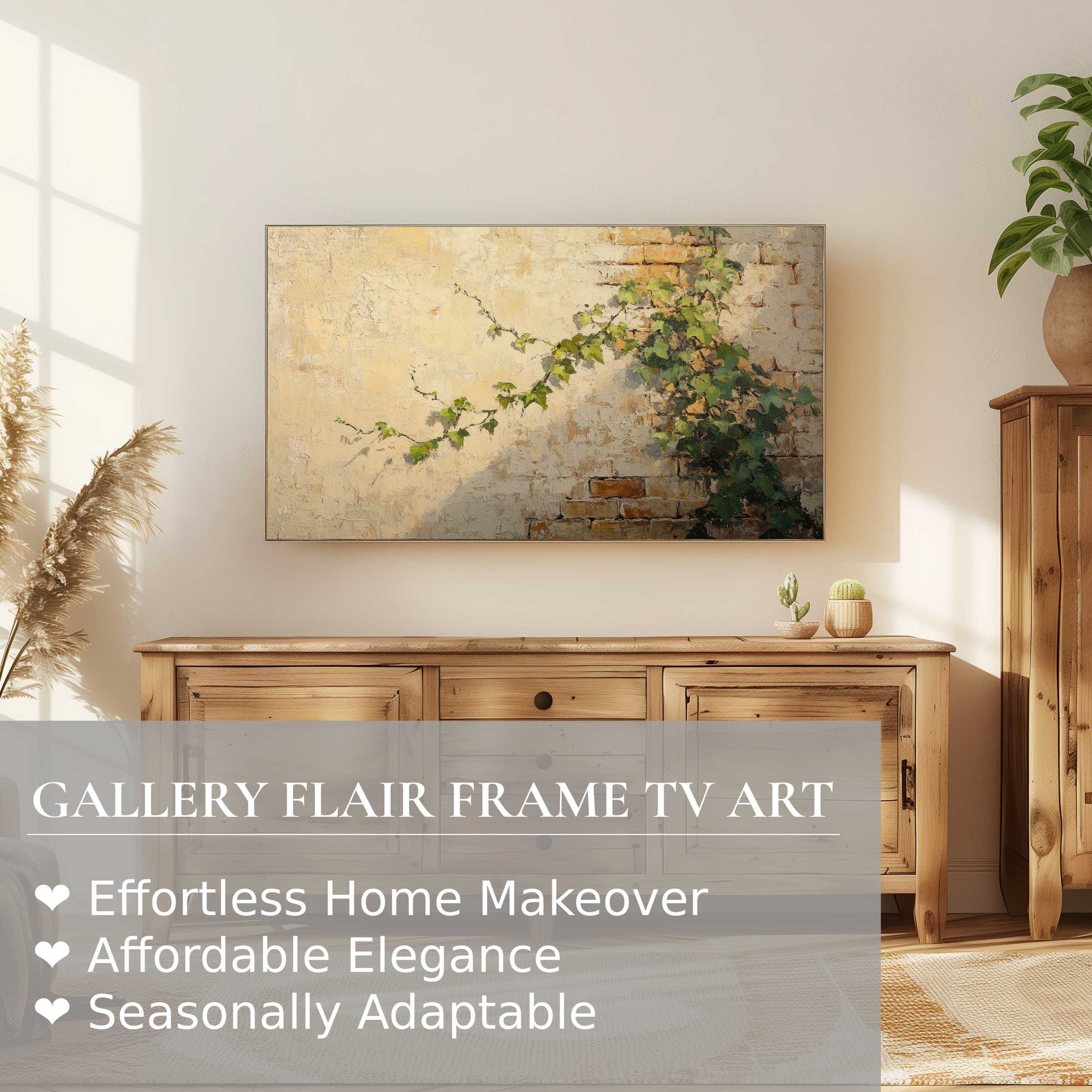 Minimalist living room with warm wood tones, Samsung Frame TV displaying botanical digital artwork of ivy on brick