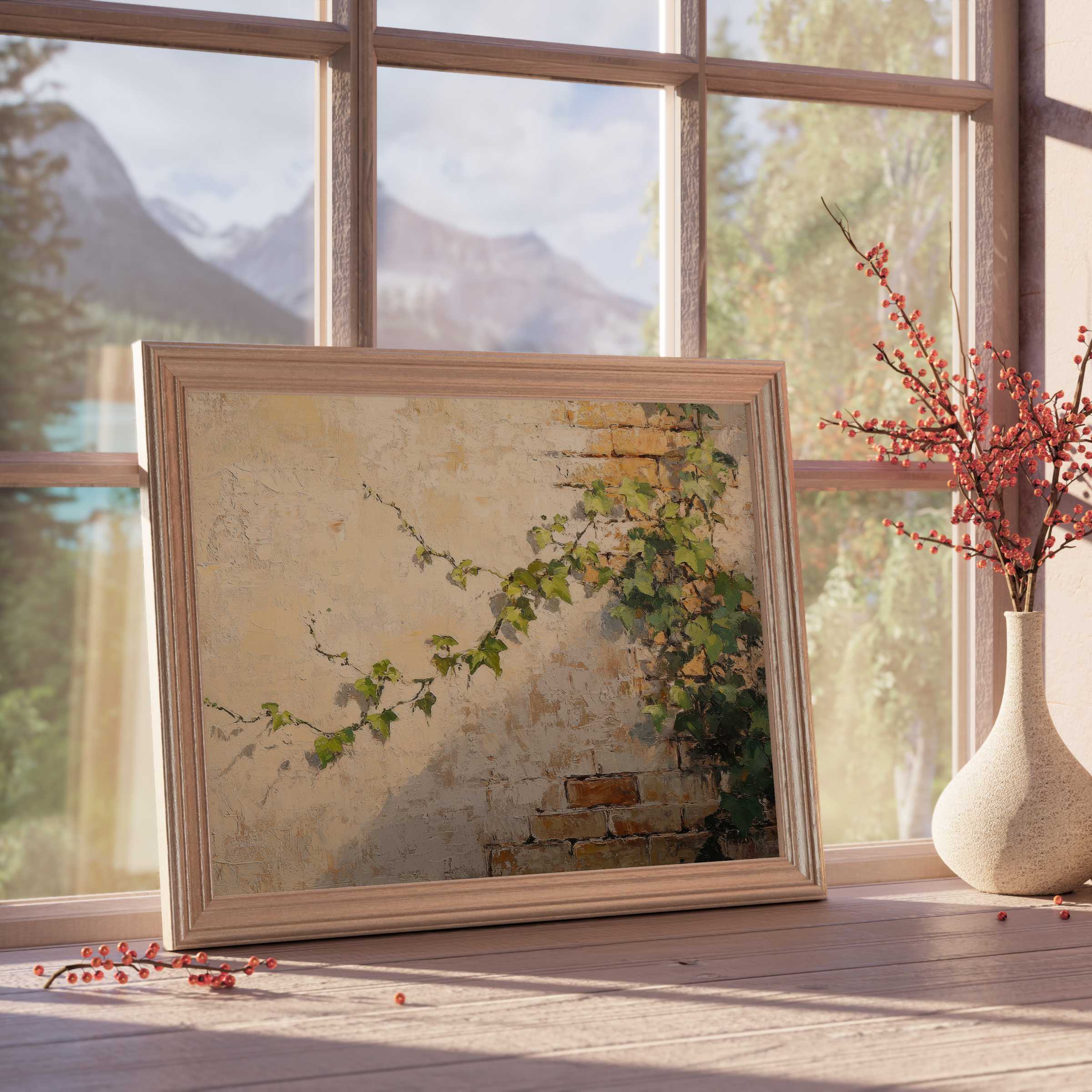 Botanical downloadable art captures serene ivy tendrils on textured brick, elevating refined, tranquil interiors with natural elegance