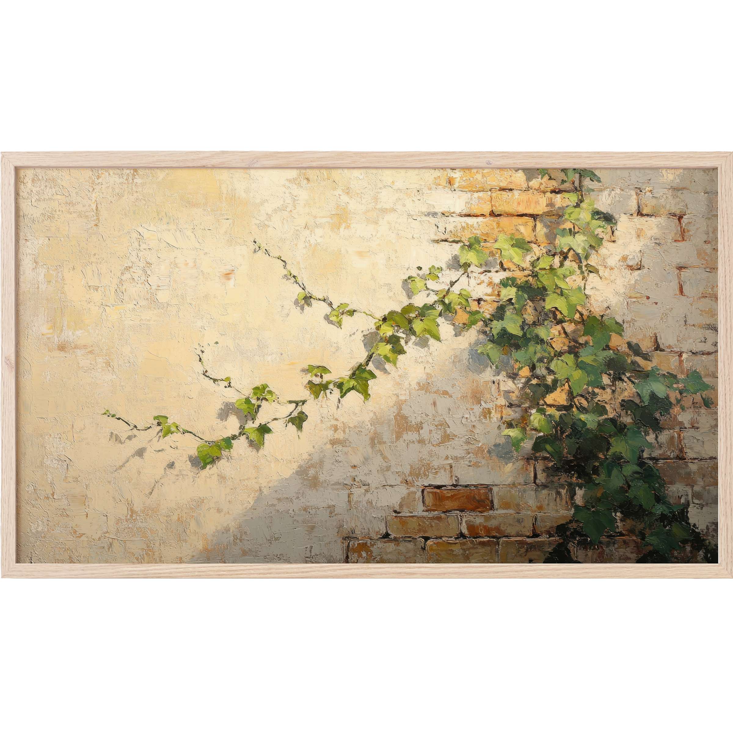 Botanical Frame TV Art depicting textured ivy climbing a sunlit, weathered brick wall in warm earth tones