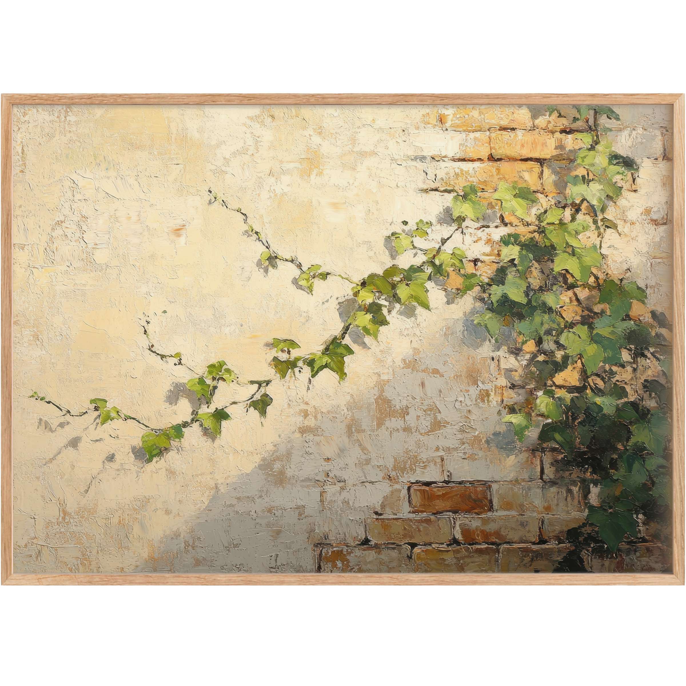 Botanical printable wall art featuring vibrant ivy vines against sunlit, textured beige bricks, evoking serenity and timeless elegance