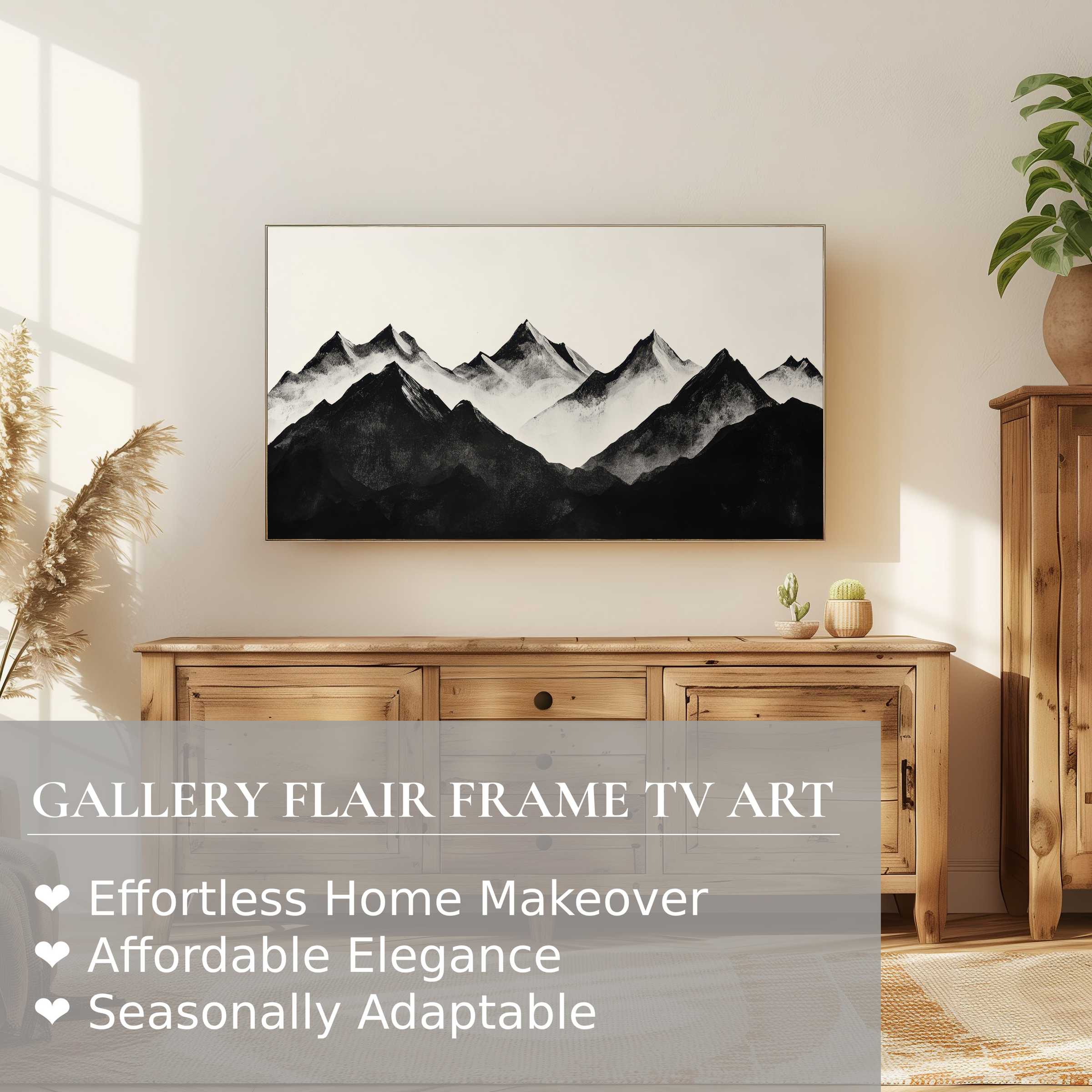 Samsung Frame TV displays black and white digital artwork of misty mountains in a minimalist, elegant living space