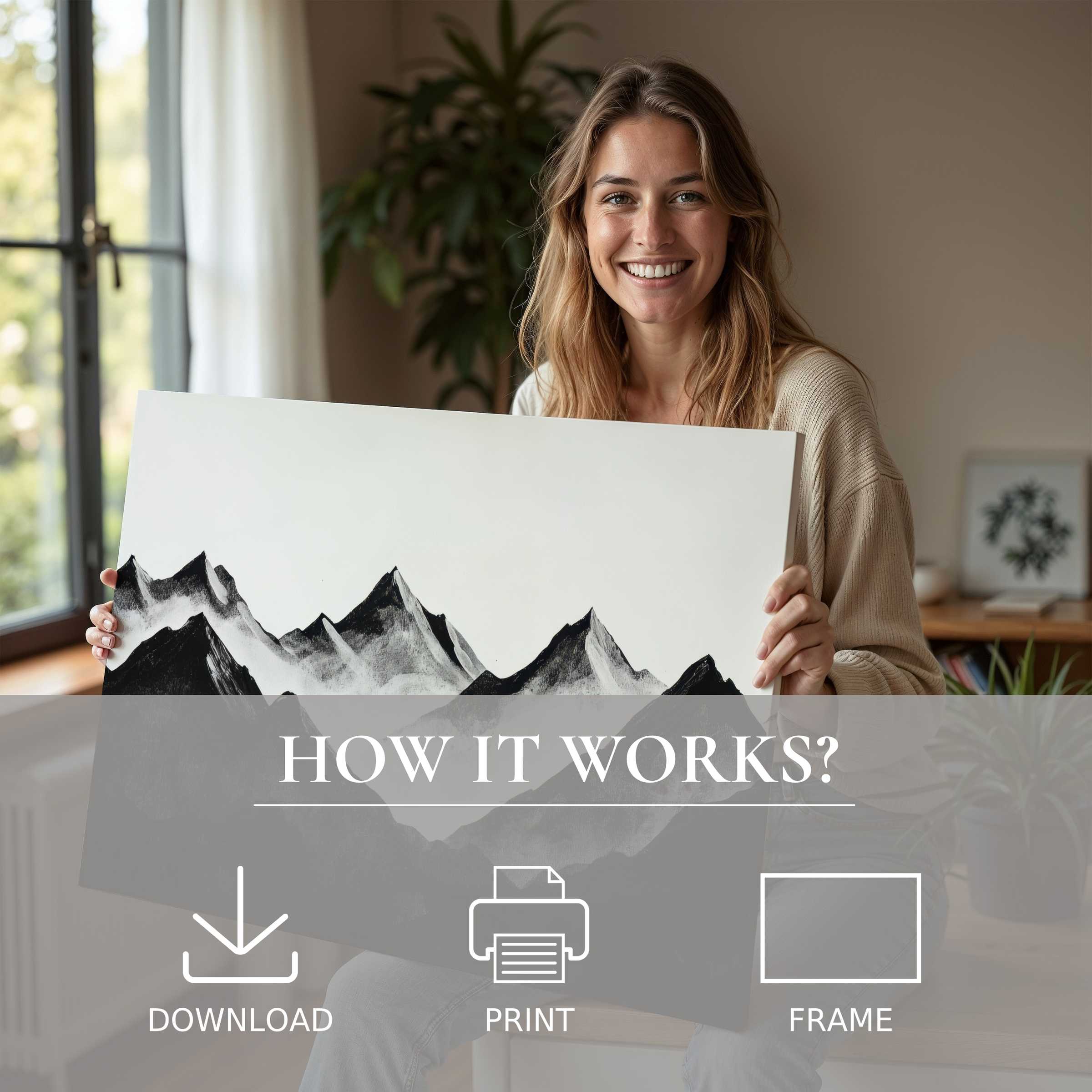 Warm light filters through a stylish home as a woman shares a serene moment with a black and white digital art print