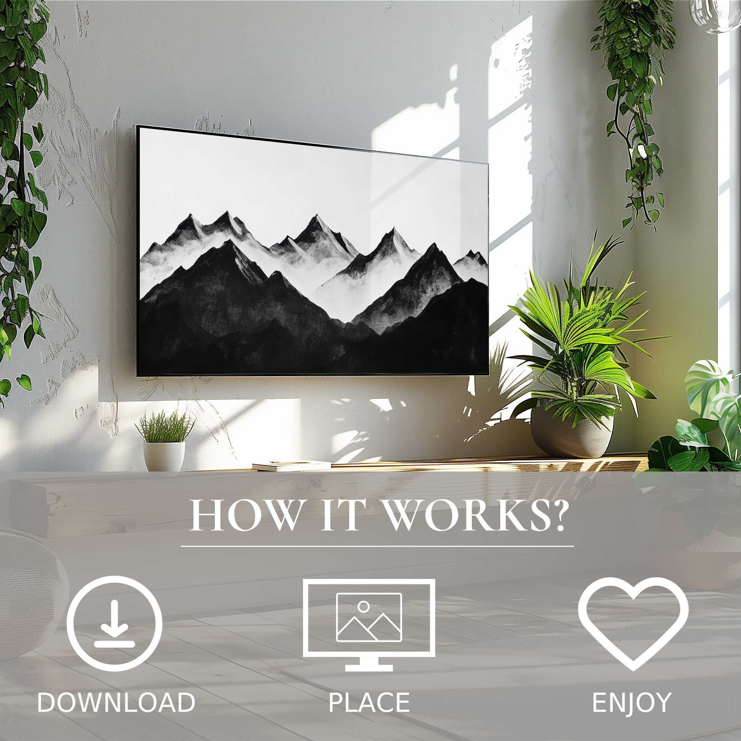 Black and white art for Samsung TV, mountain motif, easy digital download, enriches modern living spaces with style