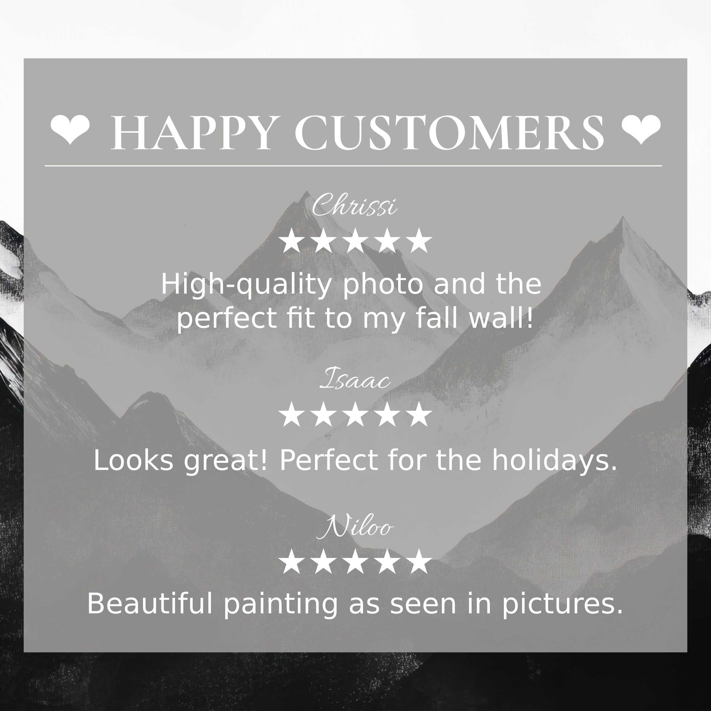 Black and white art for Frame TV with mountain backdrop, showcasing happy customer reviews and elegant trust-building design