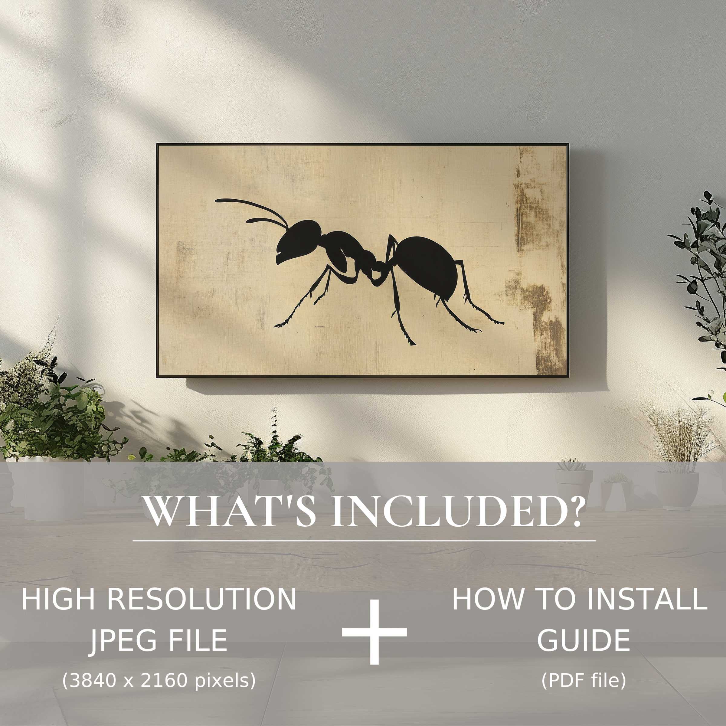 Minimalist digital TV art download featuring elegant ant design, easily enhancing stylish living spaces with simple digital use
